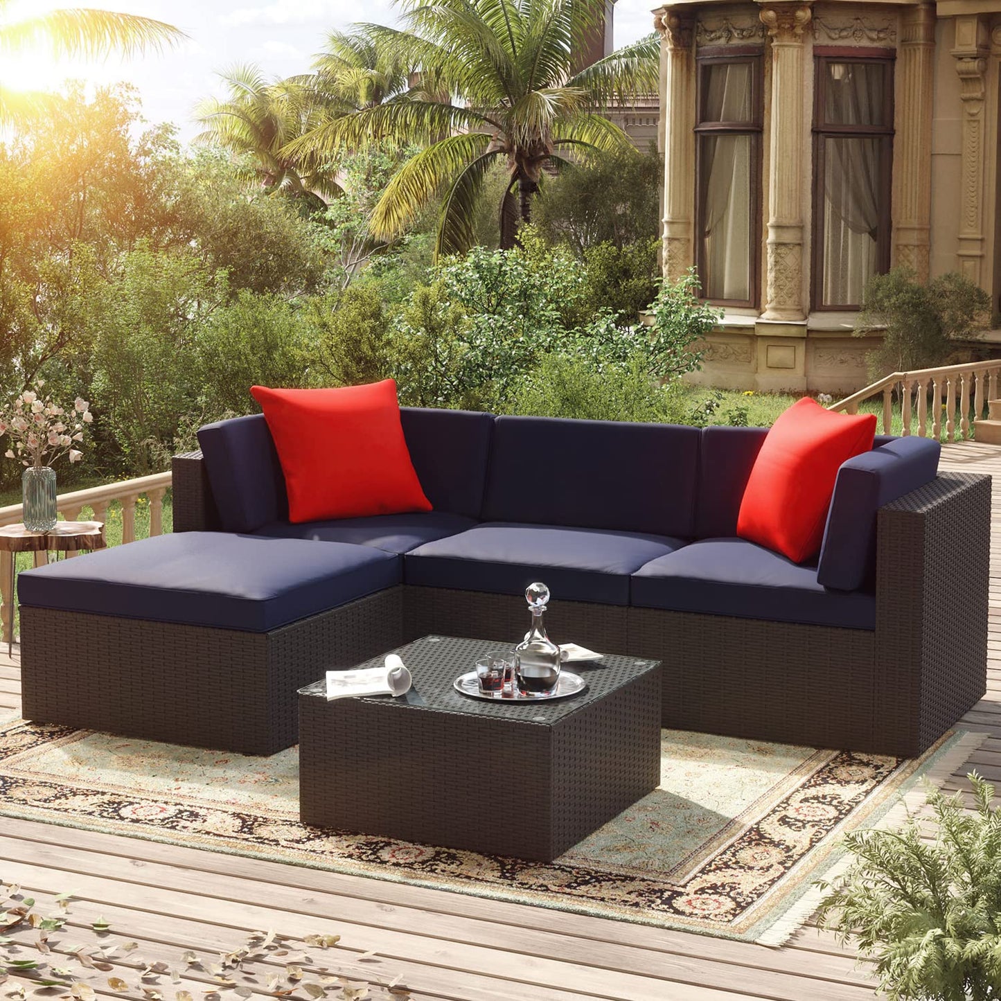Greesum Patio Furniture Sets 5 Piece Outdoor Wicker Rattan Sectional Sofa with Cushions, Pillows & Glass Table, Dark Blue 5 Pieces