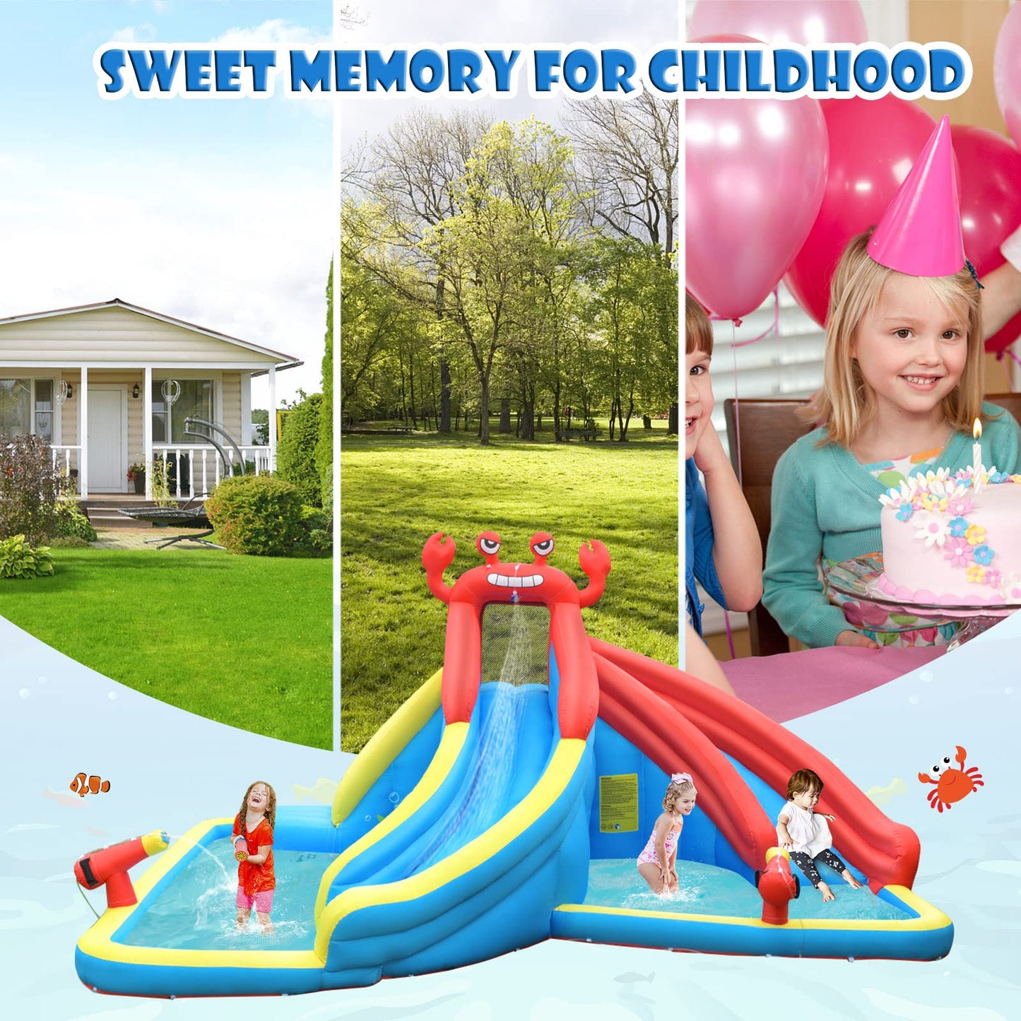 BOUNTECH Inflatable Water Slide, 7 in 1 Waterslide Park for Kids Outdoor Fun with Double Long Slide, 950w Blower, Splash Pool, Crab Theme Blow up Water Slides for Kids and Adults Backyard Party Gifts With 950W Air Blower