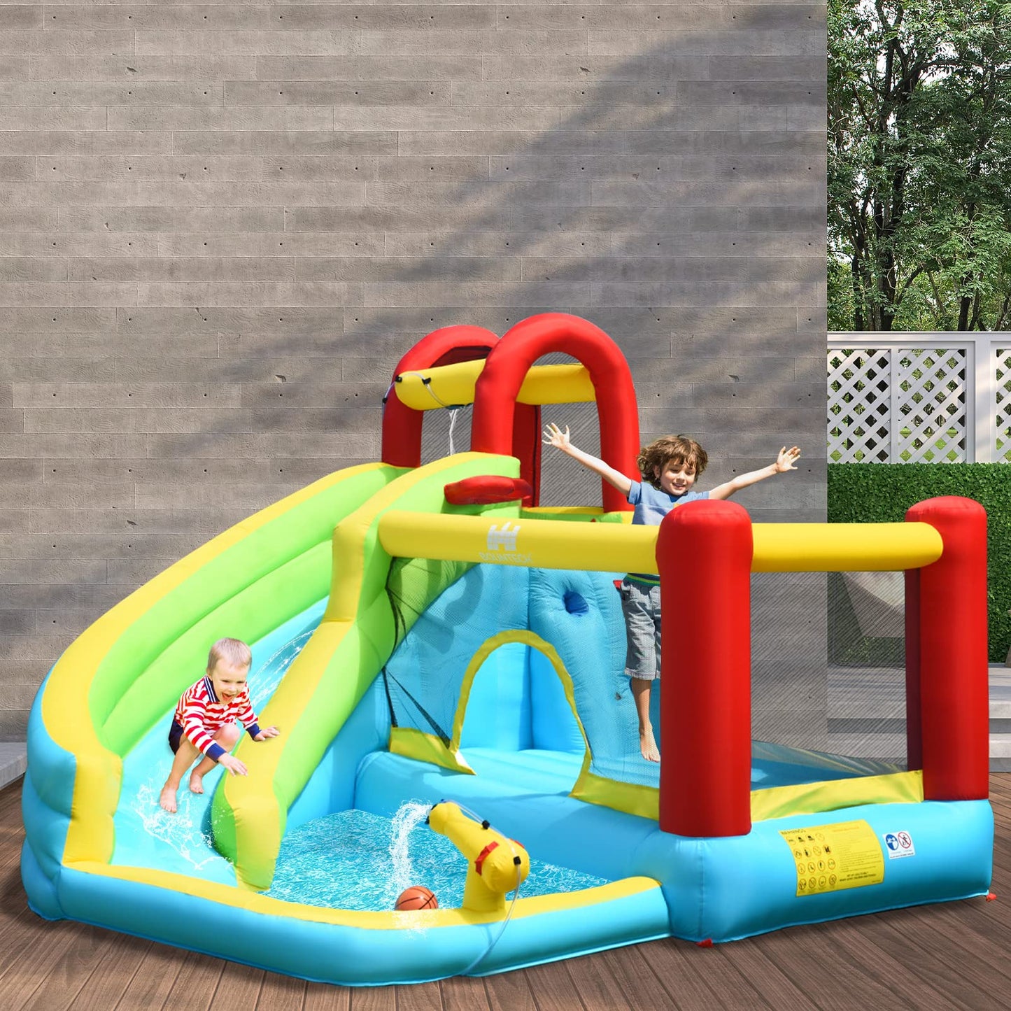 HONEY JOY Inflatable Water Slide, Water Bounce House & Water Park w/Splash Pool & Slides, Climbing Wall, Indoor Outdoor Blow up Water Slides Inflatables for Kids and Adults Backyard(with 480w Blower) With 480w Blower