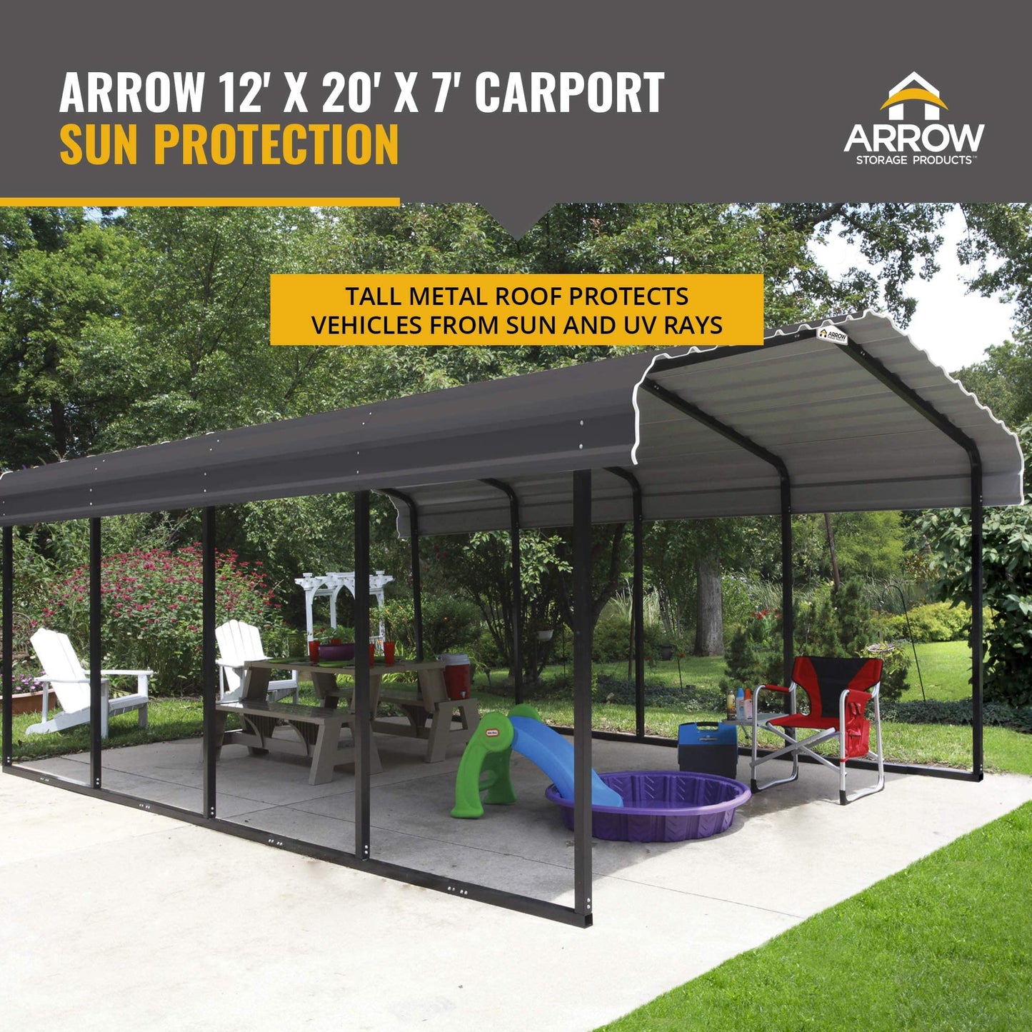 Arrow Shed Abri multi-usage en métal robuste en acier galvanisé 12 x 20 x 7 pieds, abat-jour, abri d'auto, 12' x 20' x 7', couleur charbon