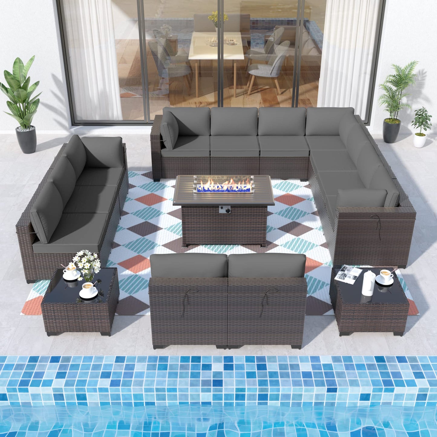 ALAULM 15 Pieces Outdoor Patio Furniture Set with Propane Fire Pit Table Outdoor Sectional Sofa Sets