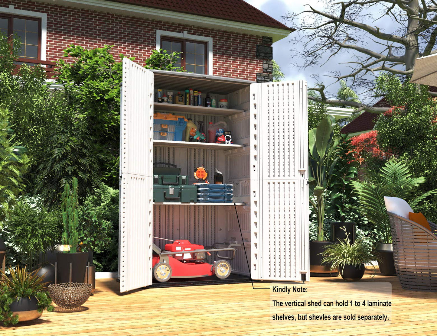 HOMSPARK Abri de rangement vertical résistant aux intempéries, armoire de rangement extérieure double couche pour accessoires de jardin et de terrasse, (50 po L x 29 po L x 82 po H, 52 pieds cubes) Toit gris, mur beige clair, sol noir