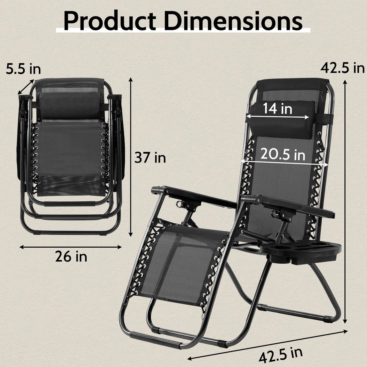 FDW Patio Chair Outdoor Furniture Zero Gravity Chair Patio Lounge Camping Chair Set of 2 Recliner Adjustable Folding for Pool Side Camping Yard Beach Black