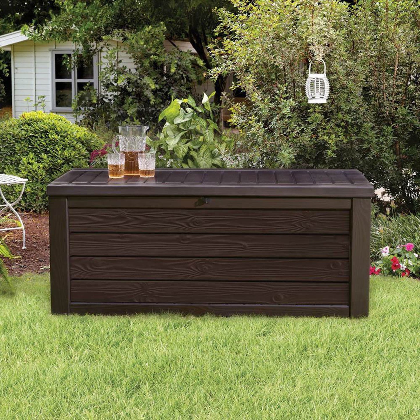 Keter Westwood Outdoor Resin 150 Gallon Deck Storage Box Organizer for Patio Furniture, Pool Toys and Yard Tools with Bench, Brown (2 Pack)