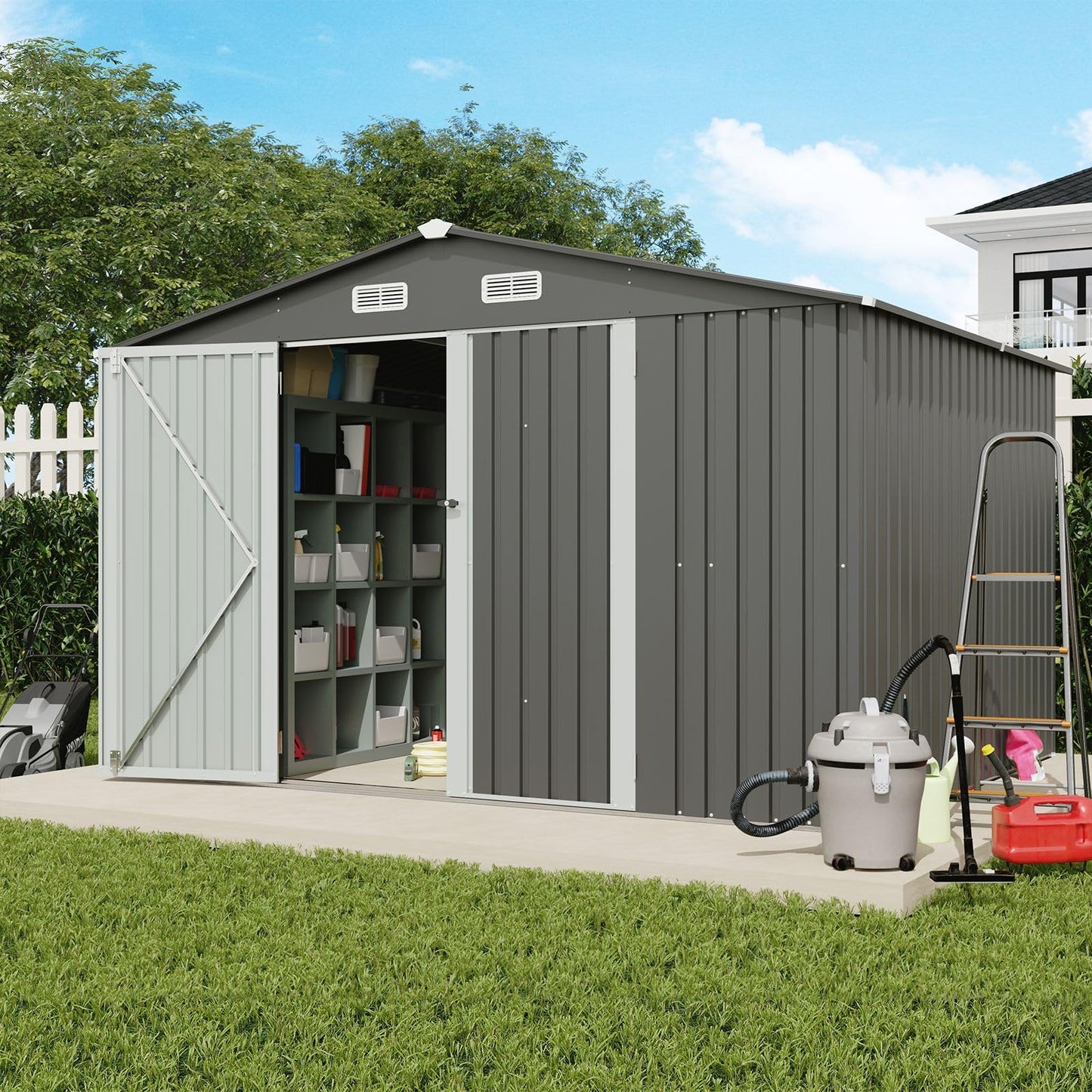 Verano Garden 10x8 FT Outdoor Storage Shed, Galvanized Steel Metal Garden Shed, Double Door W/Lock, Outdoor Storage Tool House for Backyard, Patio, Lawn 8’x10’ Gray