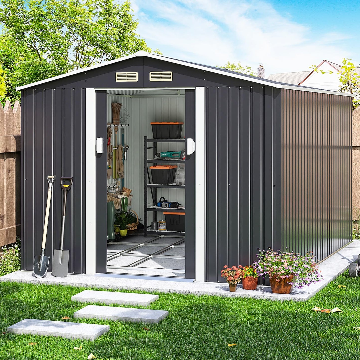 HOGYME Abri de rangement extérieur de 10,5' x 9,1', grands abris et espace de rangement extérieur adapté à l'échelle de tondeuse à gazon, abri de jardin en métal avec porte verrouillable/coulissante, gris 9,1x10,5
