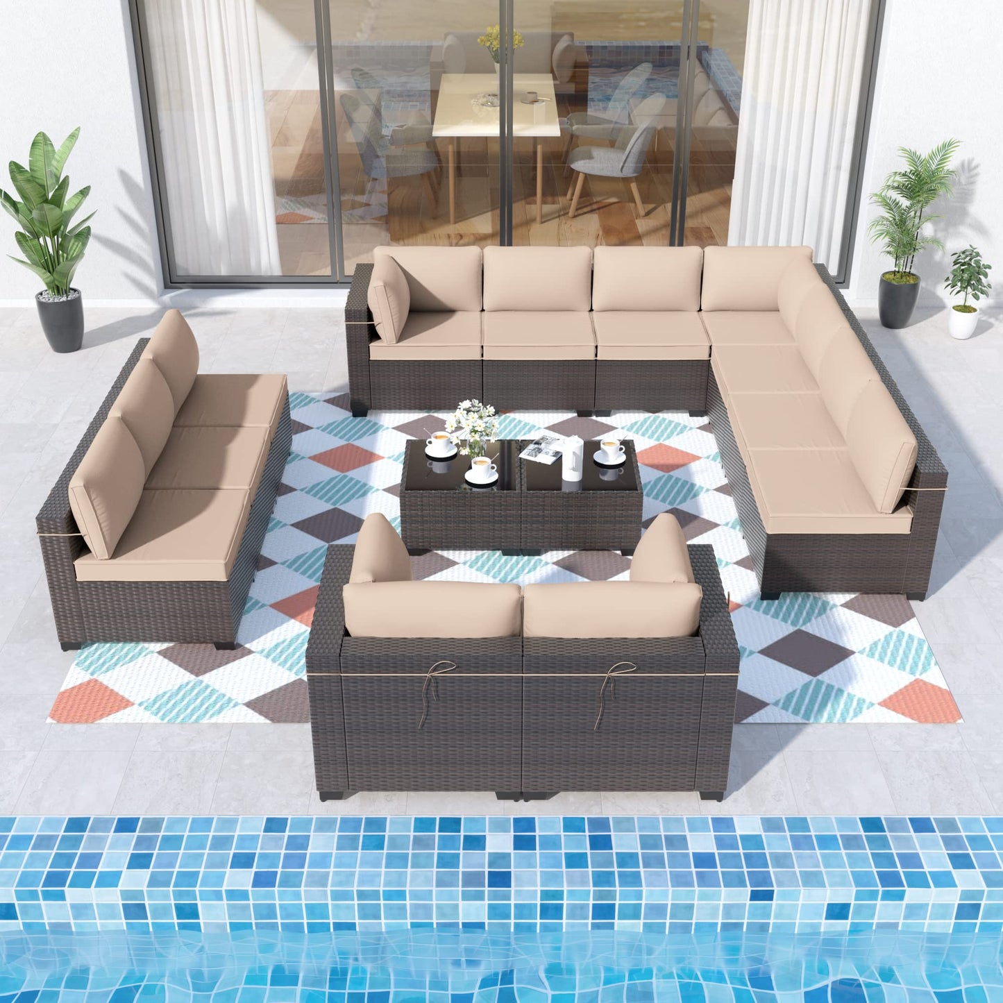 ALAULM 14 Pieces Sectional Outdoor Patio Furniture Sofa Sets - Sand