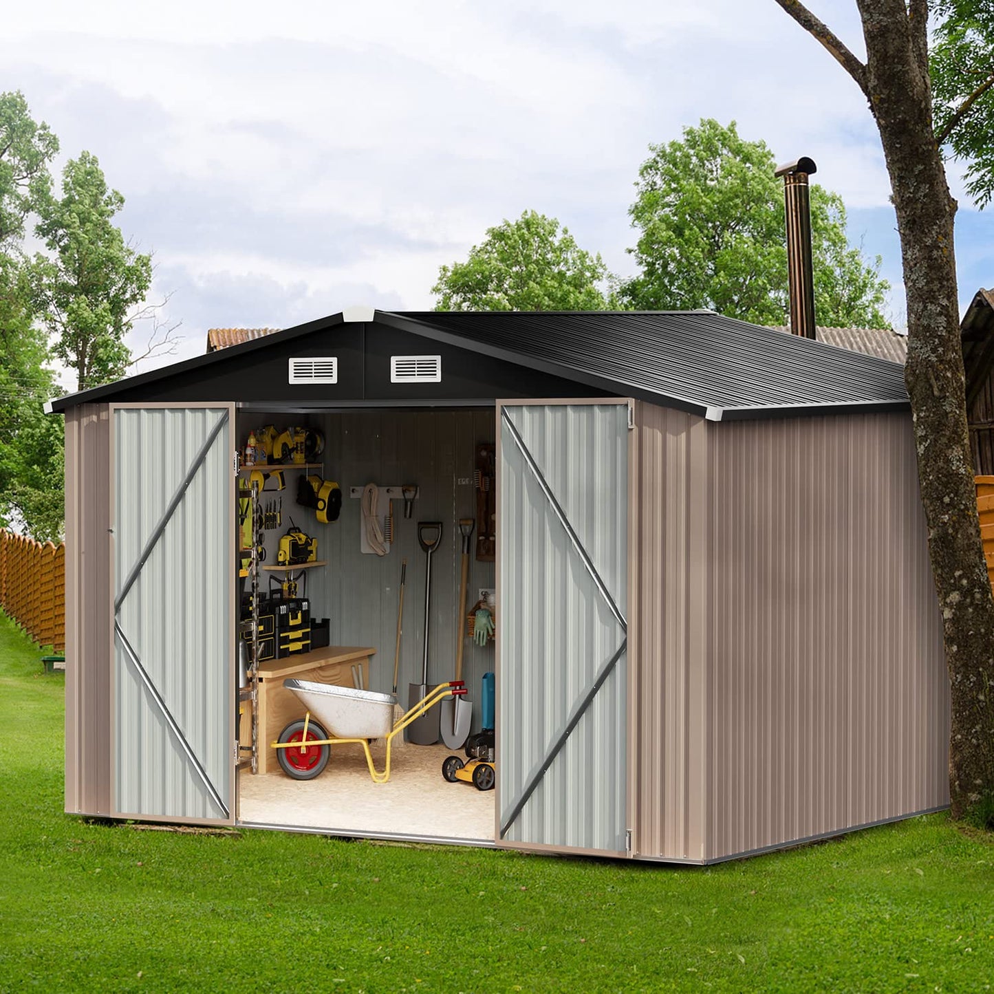 Breezestival Abri de rangement extérieur 2,4 x 3 m, abri à outils utilitaire en acier avec porte verrouillable et bouches d'aération, abri en métal galvanisé pour jardin, cour, terrasse, pelouse (8' x 10') 8 x 10'