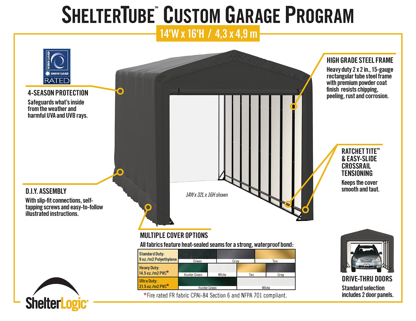 ShelterLogic ShelterTube Garage & Storage Shelter, 14' x 40' x 16' Heavy-Duty Steel Frame Wind and Snow-Load Rated Enclosure, Gray 14' x 40' x 16'