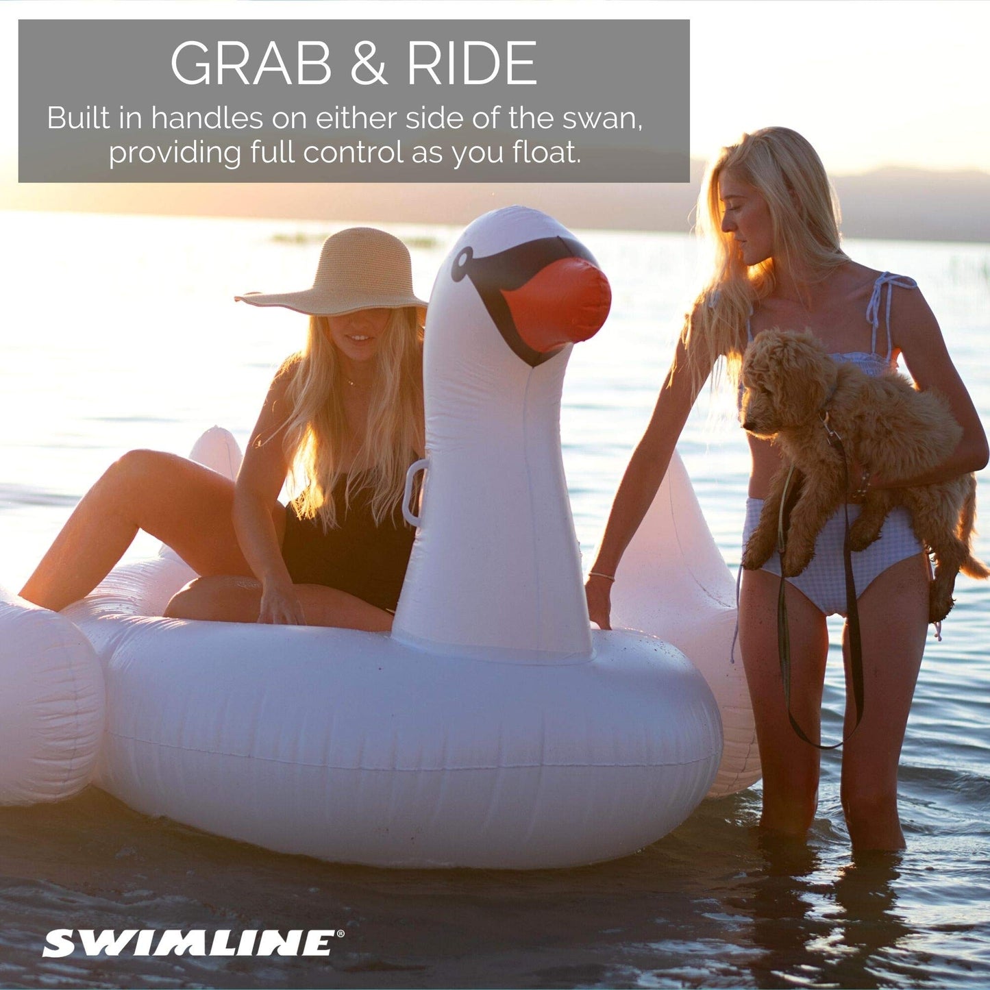 SWIMLINE Original Giant Ride On Inflatable Pool Float Lounge Series | Floaties W/Stable Legs Wings Large Rideable Blow Up Summer Beach Swimming Party Big Raft Tube Decoration Tan Toys for Kids Adults Swan Original