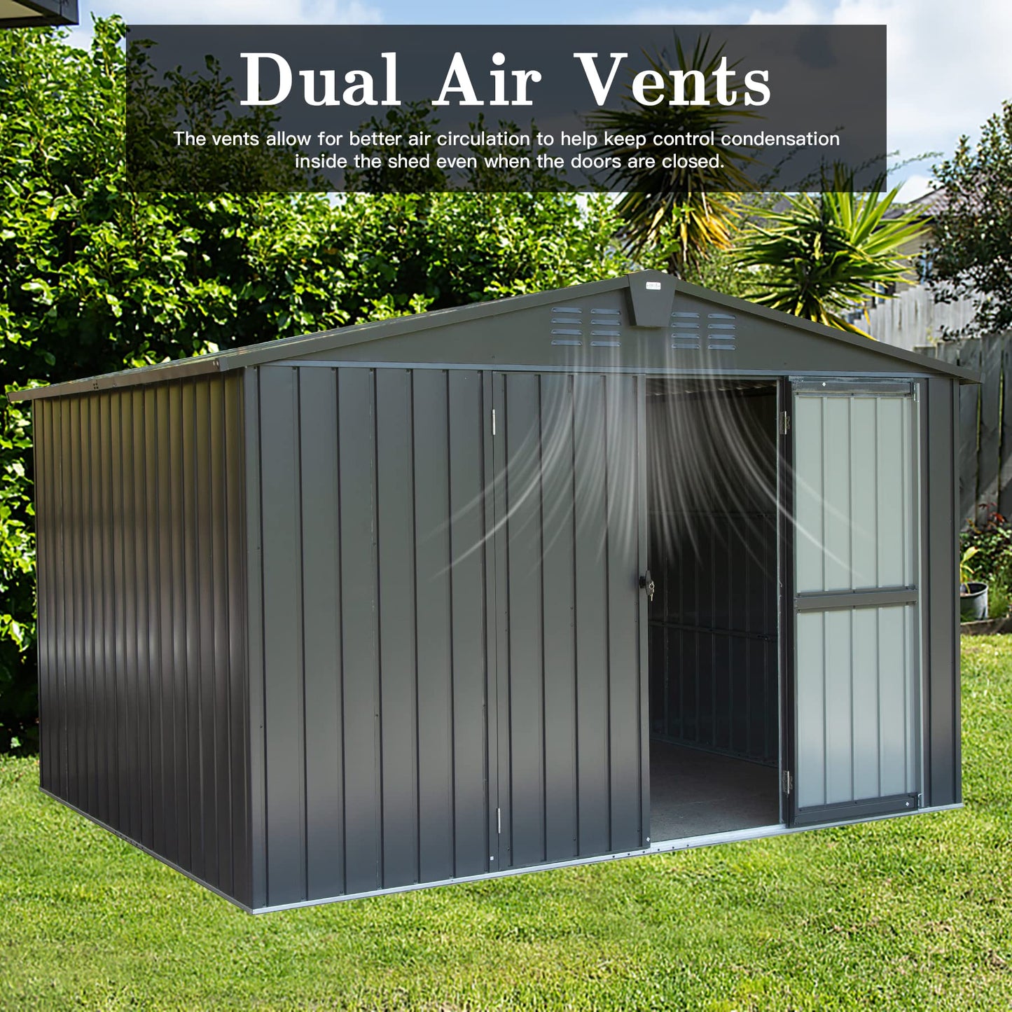 Domi Outdoor Storage Shed 10x8 FT, Metal Tool Sheds Storage House with Lockable Double Door,Large Bike Shed Waterproof for Garden,Backyard,Lawn Black 10'x8' (Gable Roof)