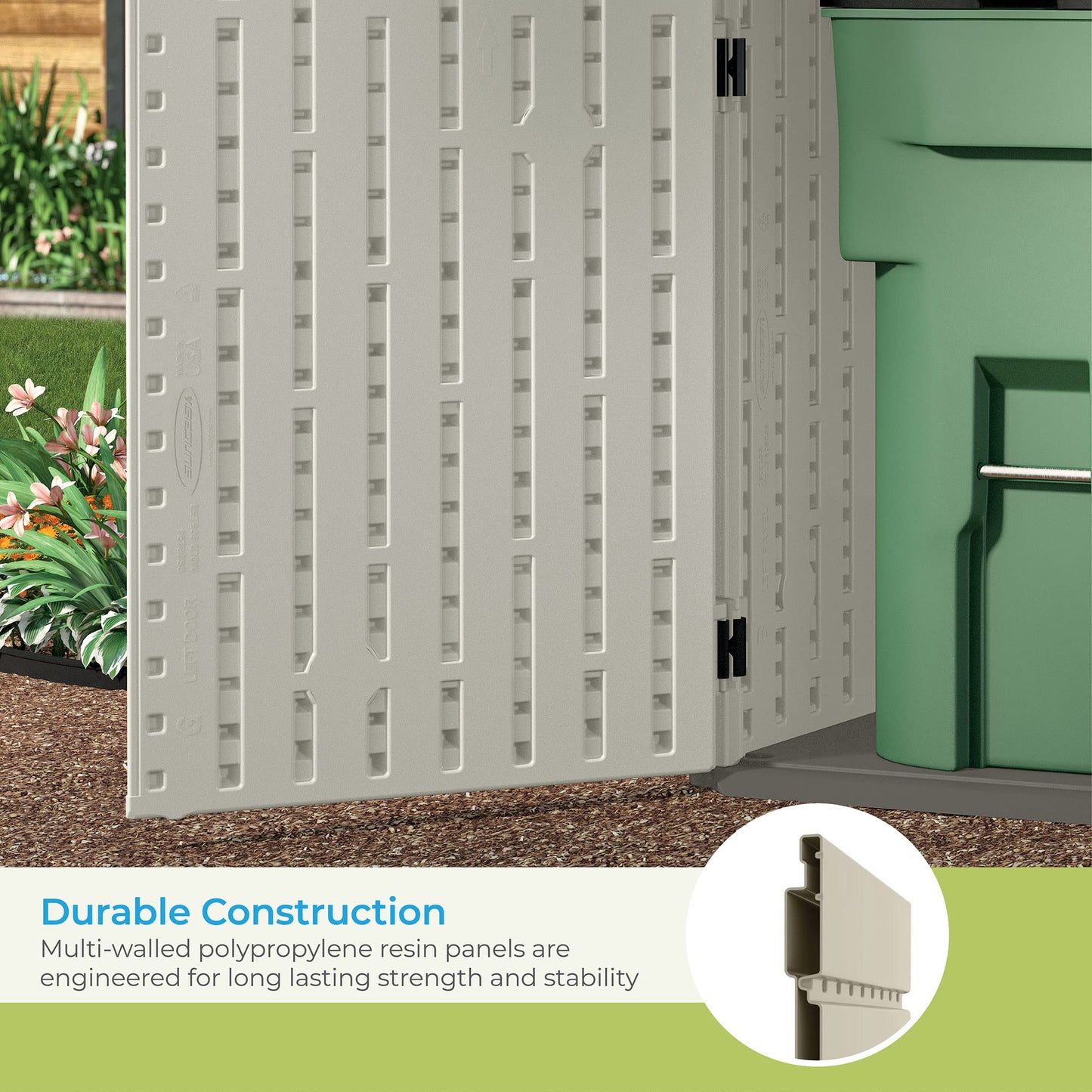 Suncast Abri de rangement horizontal escamotable de 5,9 pi x 3,7 pi – Rangement extérieur en bois naturel pour poubelles et outils de jardin – Résine toutes saisons, couvercle à charnière, sol renforcé – Vanille et Stoney