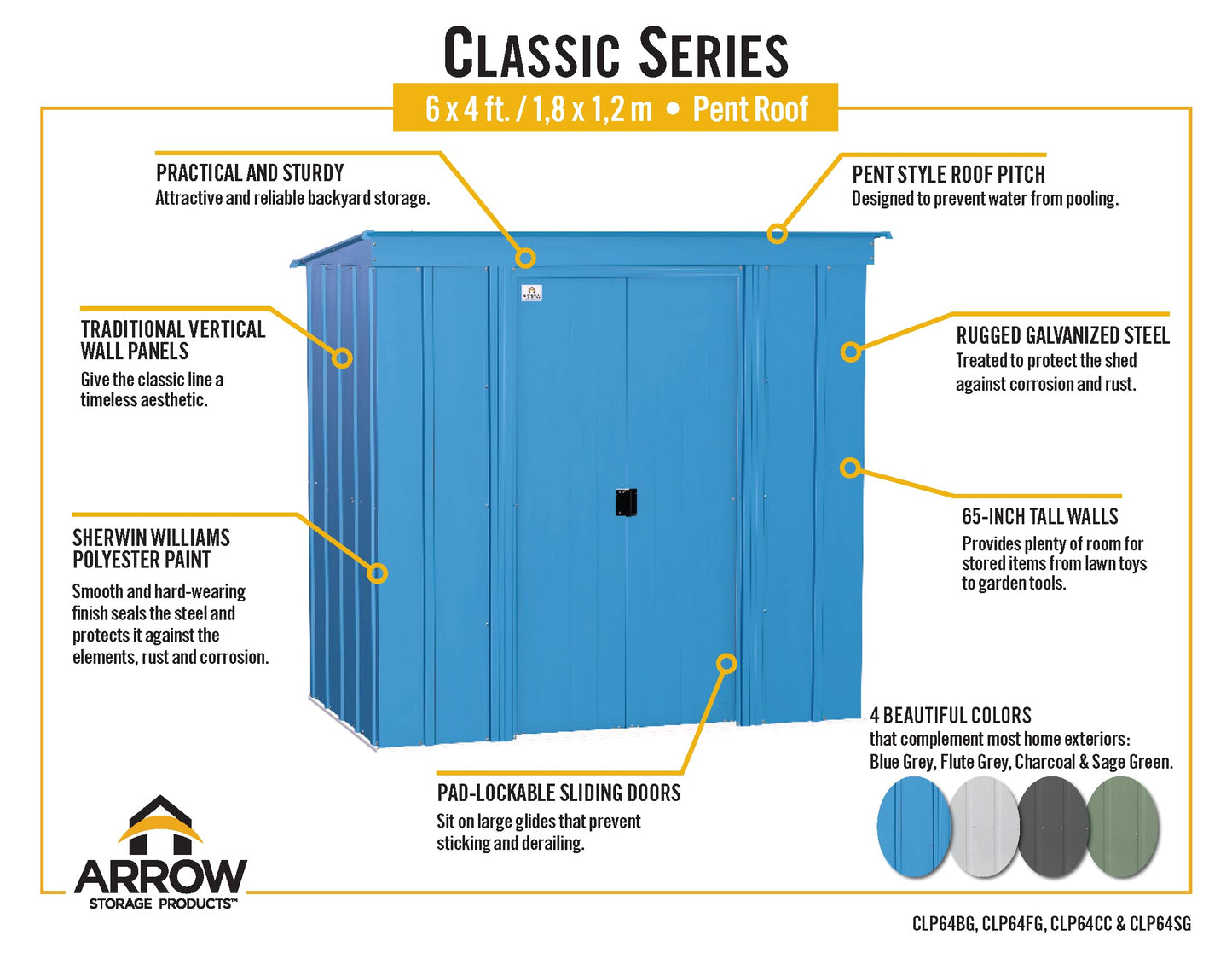 Arrow Shed Classic 6' x 4' Outdoor Padlockable Steel Storage Shed Building Blue Grey 6' x 4'