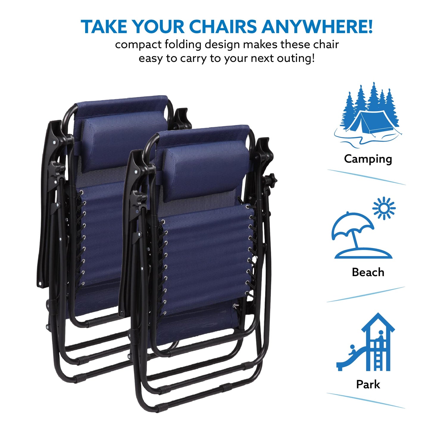 Zero Gravity Chairs Set of 2 Pool Lounge Chair Zero Gravity Recliner Zero Gravity Lounge Chair Antigravity Chairs Anti Gravity Chair Folding Reclining Camping Chair with Headrest by Naomi Home - Navy Modern