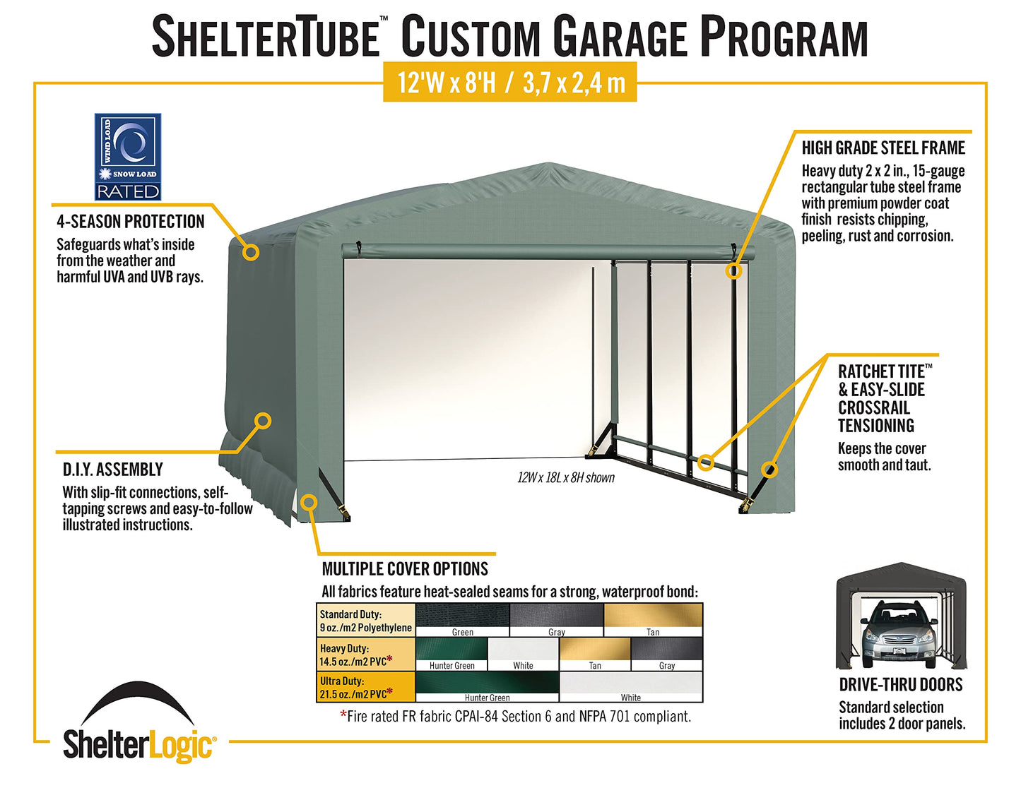 ShelterLogic ShelterTube Garage & Storage Shelter, 12' x 18' x 8' Heavy-Duty Steel Frame Wind and Snow-Load Rated Enclosure, Gray 12' x 18' x 8'