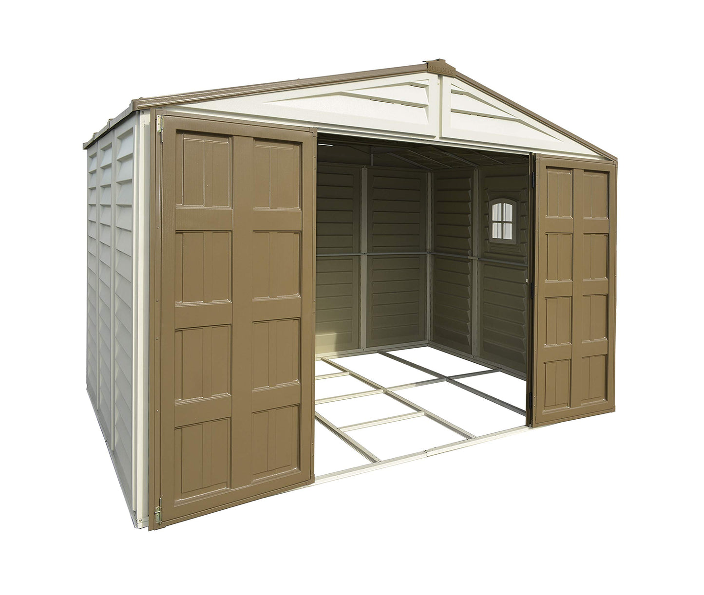 Duramax 0638801402145 Woodbridge Plus Abri de jardin en plastique 10,5 x 8 avec kit de fondation et fenêtre fixe - ivoire et marron - Garantie 15 ans, 10 x 8, marron et ivoire