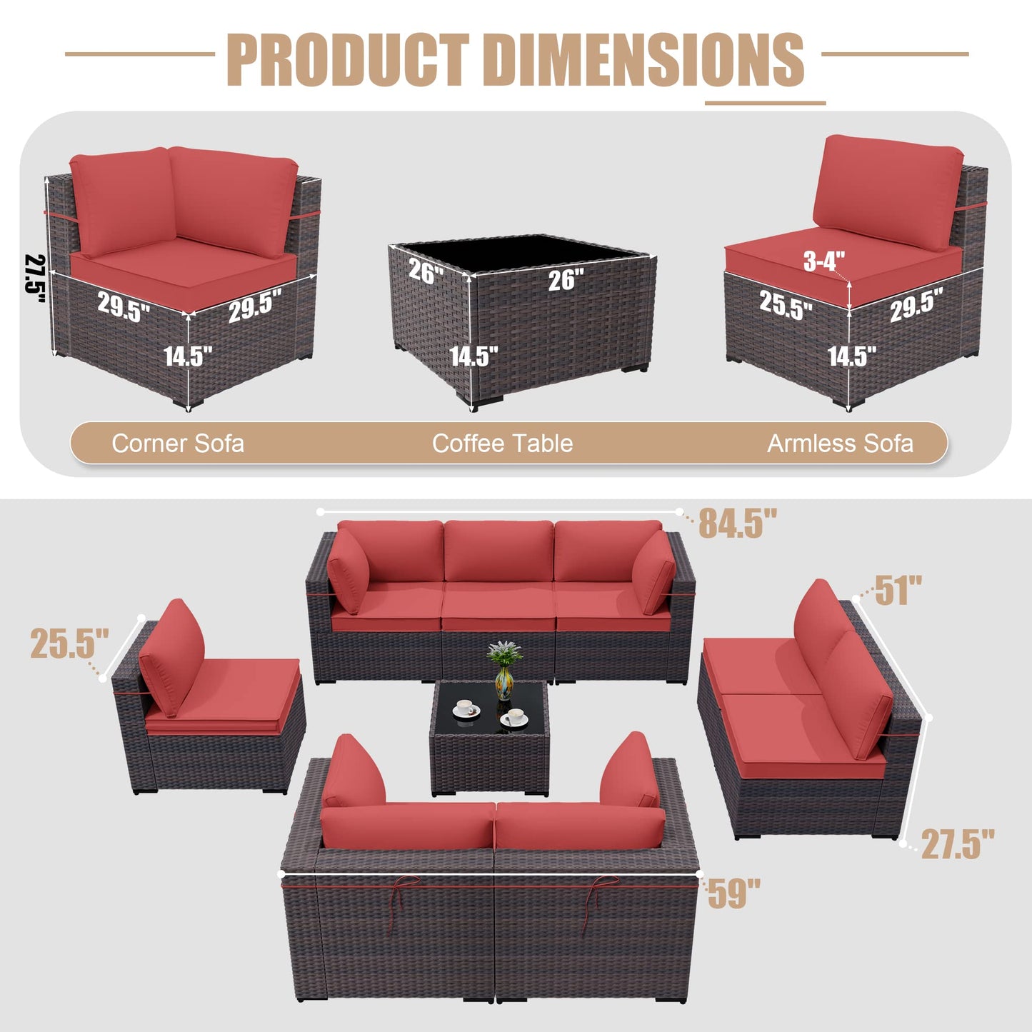 ALAULM 9 Pieces Sectional Sofa Sets Outdoor Patio Furniture