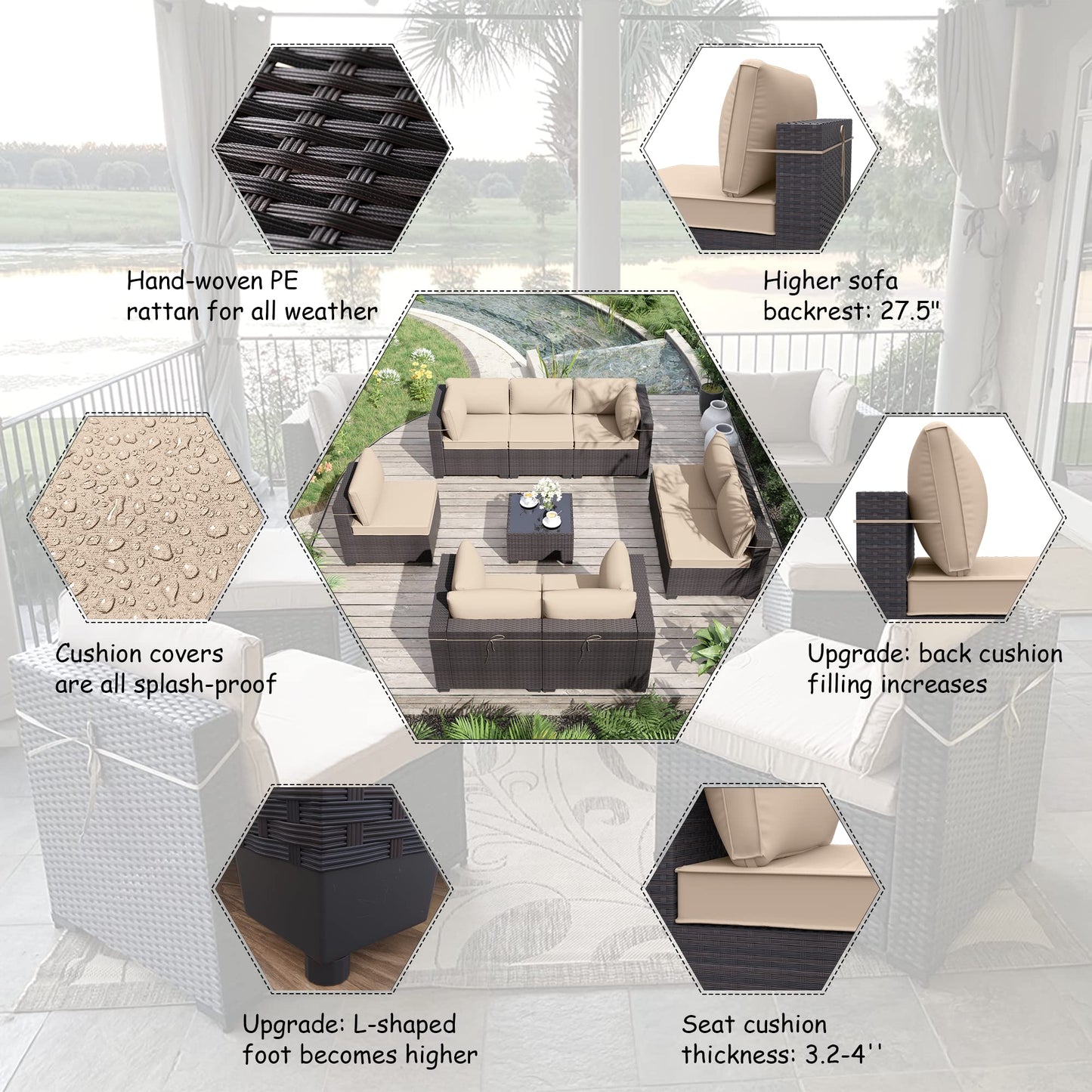 ALAULM 9 Pieces Sectional Sofa Sets, Outdoor Patio Furniture Set - Sand