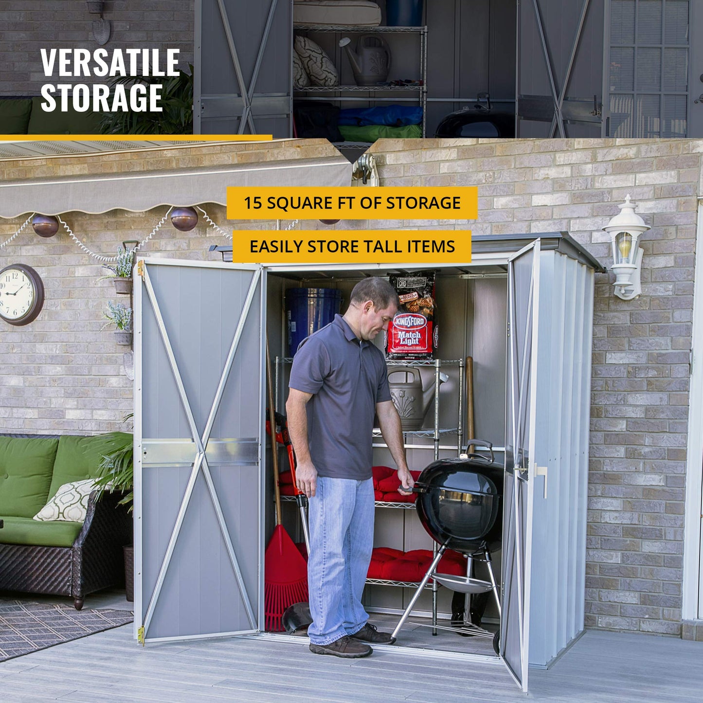 Arrow Shed Shed conçu 5' x 3' x 6' Kit compact d'extérieur en métal pour jardin, terrasse et abri de jardin, gris flûte et anthracite