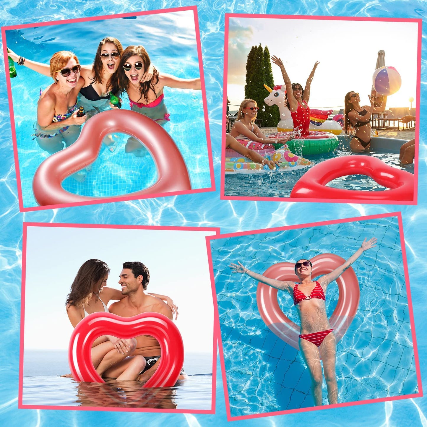 2 Pieces Heart Pool Float, 47.3 x 39.4 Inch Inflatable Swim Rings Bachelorette Party Pool Float Tube, Heart Shaped Summer Swimming Ring, Water Fun Beach Party for Adults (Rose Gold, Bright Red)