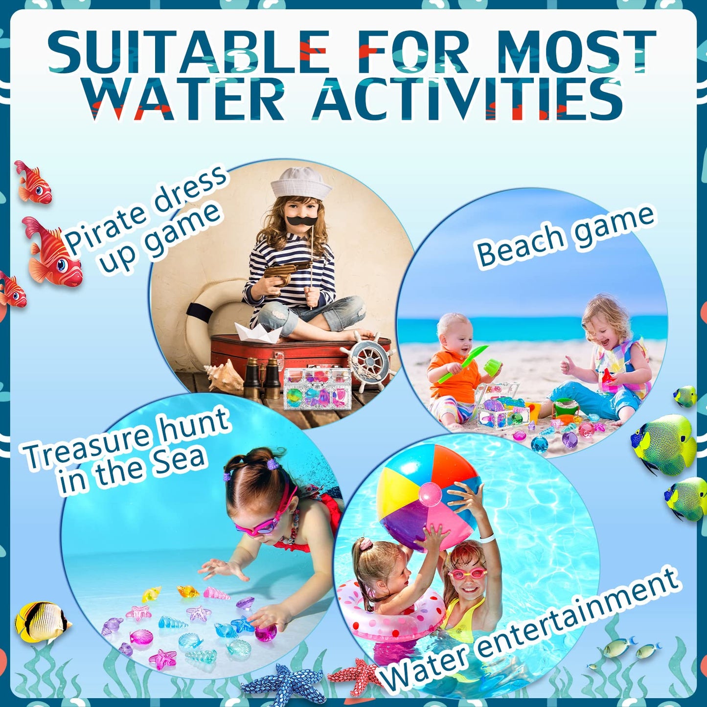 24 Pieces Diving Gem Pool Toys Colorful Summer Swimming Gem Diving Toys with 2 Treasure Pirate Boxes Summer Underwater Swimming Toy Set for Parties Birthday, Wedding Decoration Gems (Ocean Style) Ocean Style
