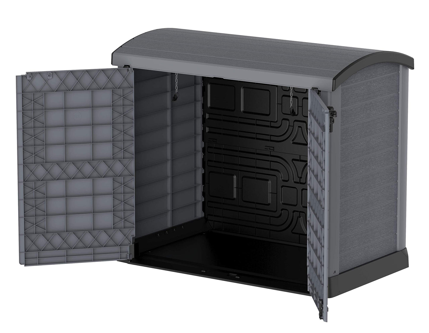Duramax Cedargrain StoreAway 1200L Plastic Garden Storage Shed/Arc Lid - Outdoor Storage Bike Shed – Durable & Strong Construction– Ideal for Tools, Bikes, BBQs & 2X 240L Bins, 145x85x125 cm, Grey Arc Lid Gray 1200 Litre