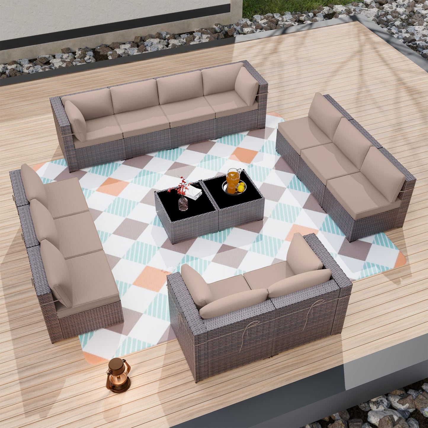 ALAULM 14 Pieces Sectional Outdoor Patio Furniture Sofa Sets - Sand
