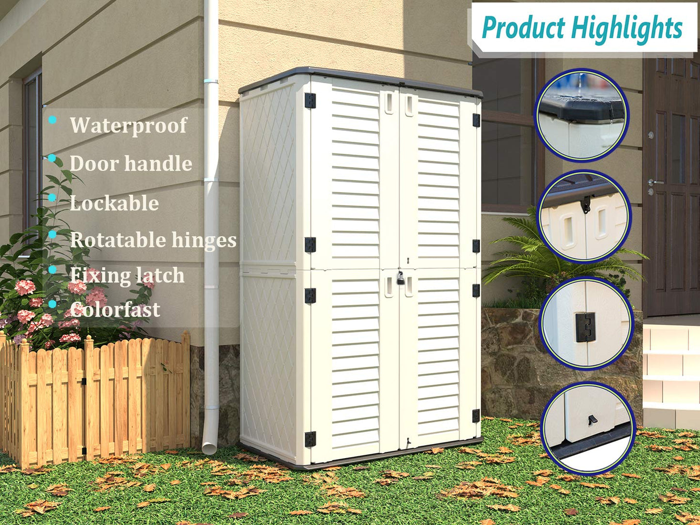 HOMSPARK Abri de rangement vertical résistant aux intempéries, armoire de rangement extérieure double couche pour accessoires de jardin et de terrasse, (50 po L x 29 po L x 82 po H, 52 pieds cubes) Toit gris, mur beige clair, sol noir