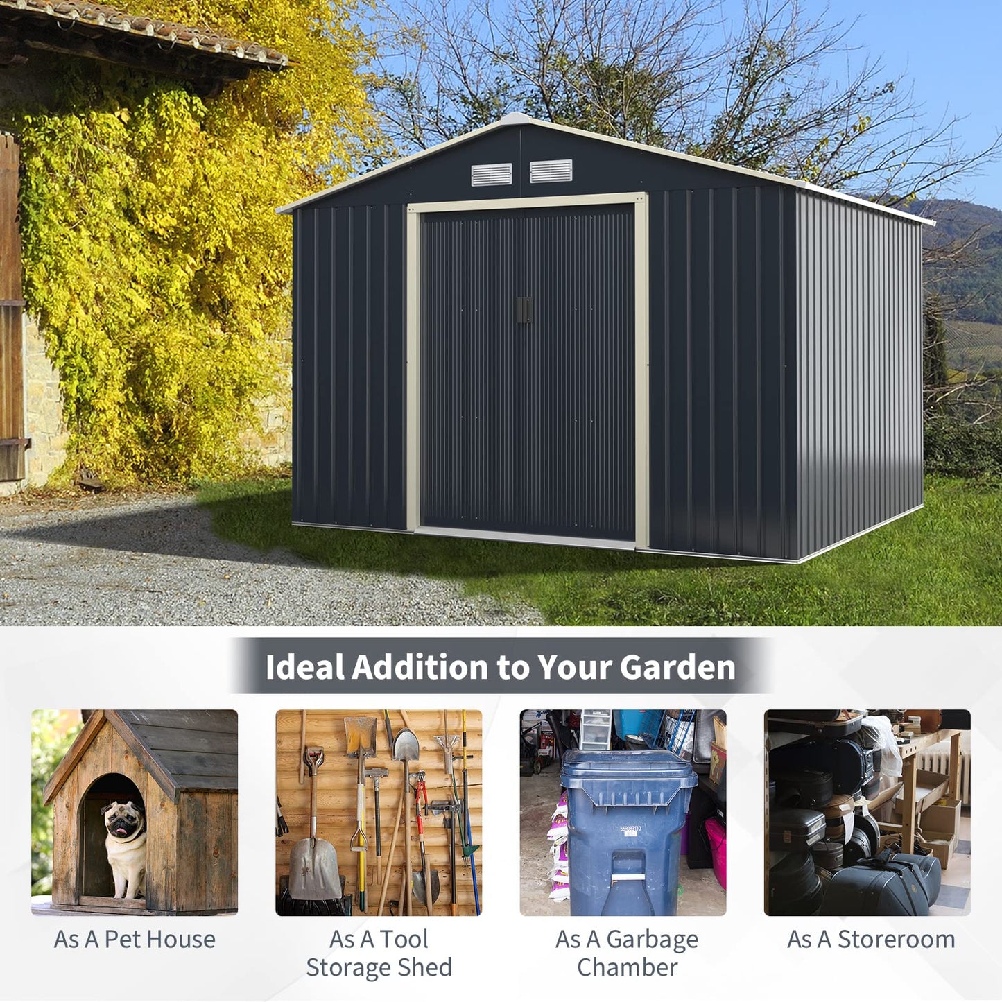 Goplus Abri de rangement en métal 9' X 8' Organisateur de bâtiment extérieur avec 4 aérations et double porte coulissante pour jardin, arrière-cour, ferme (9' X 8') 9' X 8'