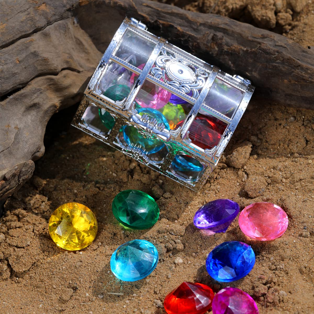 XIJUAN Diving gem Pool Toys Sand Toys,14Colorful Diamond Treasure Chest Summer Swimming gems Pirate Diving Toy Set Underwater Swimming toyChildren's Game Gifts for Boys and Girls(Silver White)