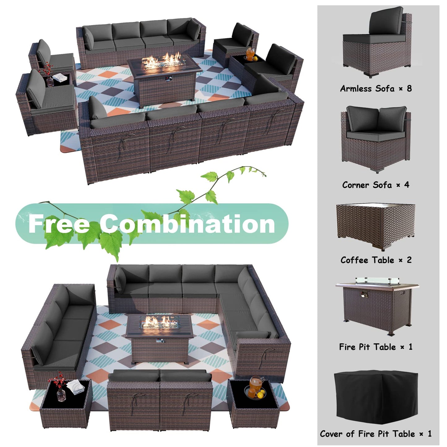 ALAULM 15 Pieces Outdoor Patio Furniture Set with Propane Fire Pit Table Outdoor Sectional Sofa Sets