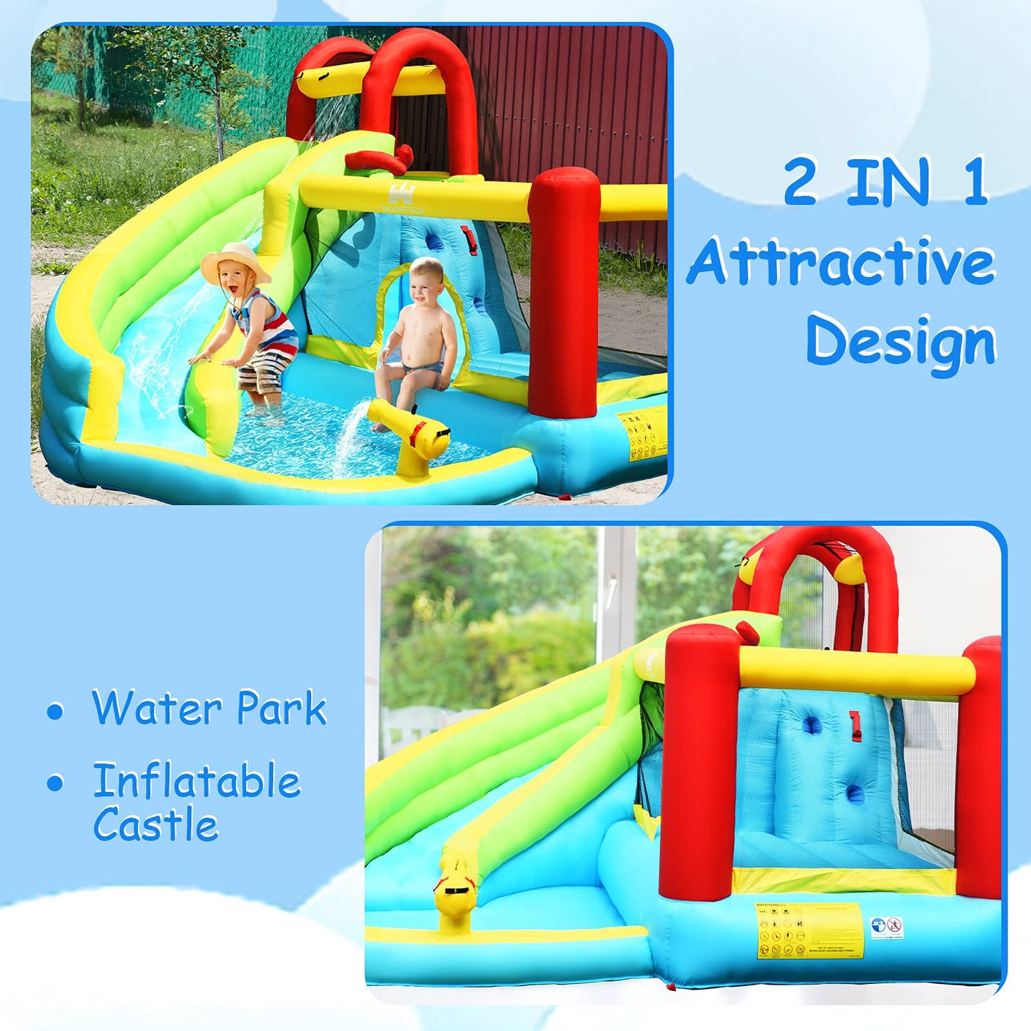 HONEY JOY Inflatable Water Slide, Water Bounce House & Water Park w/Splash Pool & Slides, Climbing Wall, Indoor Outdoor Blow up Water Slides Inflatables for Kids and Adults Backyard(with 480w Blower) With 480w Blower