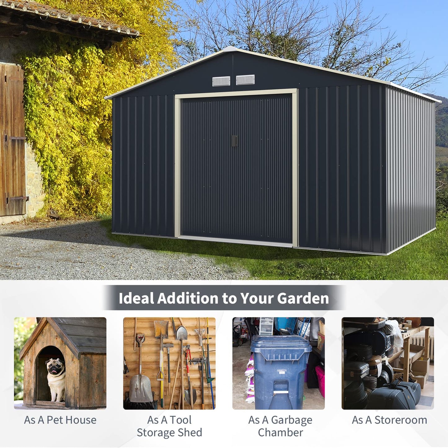 Goplus Abri de rangement en métal 11' X 8' Organisateur de bâtiment extérieur avec 4 aérations et double porte coulissante pour jardin, arrière-cour, ferme (11' X 8') 11' X 8'