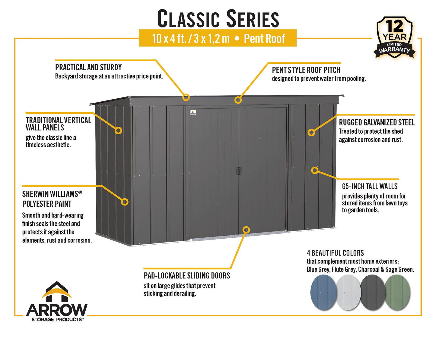 Arrow Shed Classic 10' x 4' Abri de rangement extérieur cadenassable en acier Charbon de bois 10' x 4'