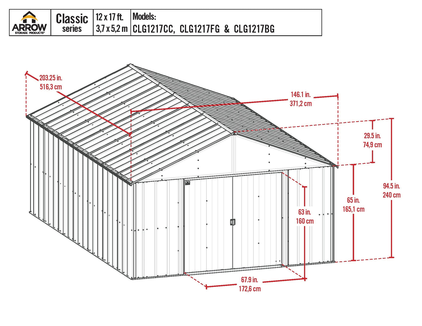 Arrow Sheds Classic 12' x 17' Outdoor Padlockable Steel Storage Shed Building, Blue Grey