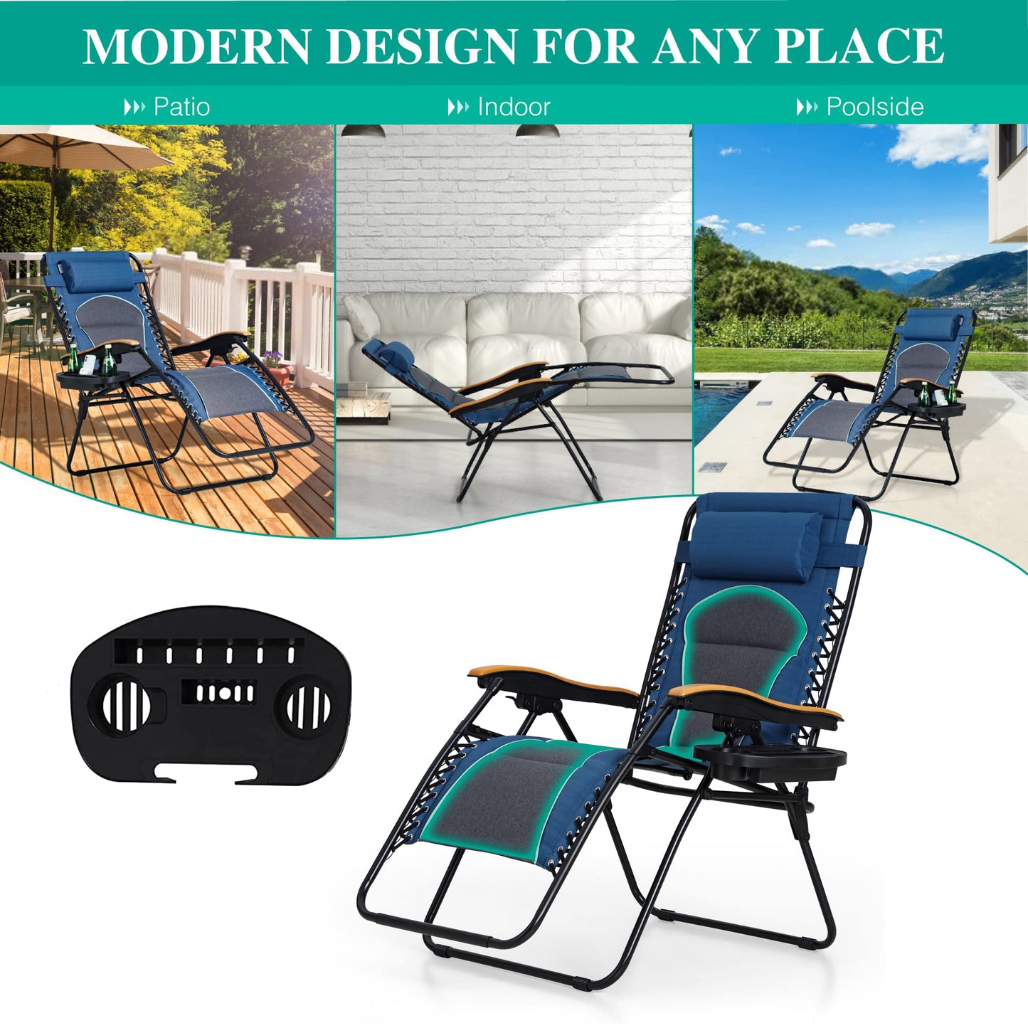 PHI VILLA Oversize XL Padded Zero Gravity Lounge Chair Family Lovers Pack with Wide Armrest Foldable Recliner, Set of 2, Support 400 LBS (Cyan) Blue Grey-oversized 2-Pack