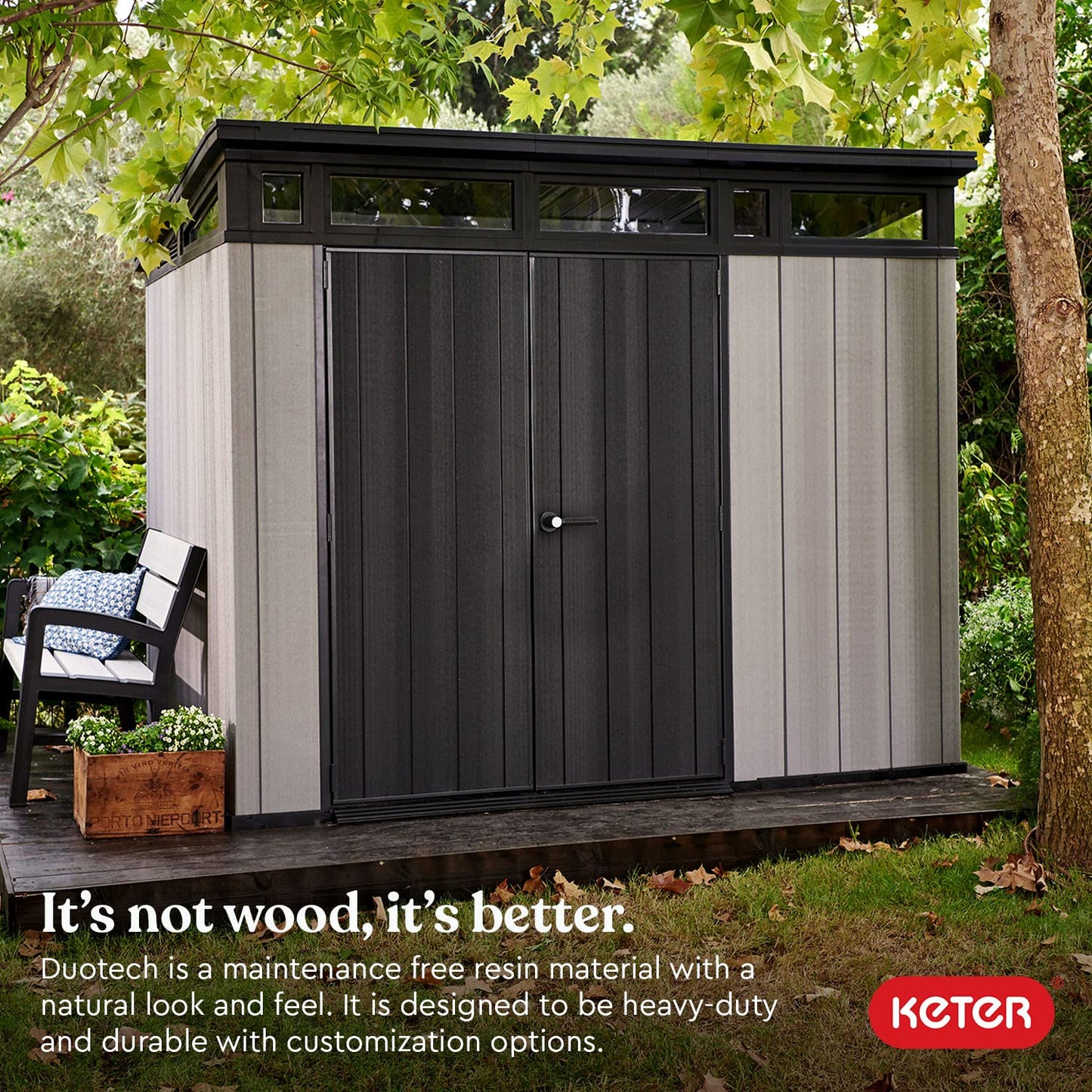 Keter Artisan Grand abri extérieur de 9 x 7 pieds avec sol au design moderne pour meubles de patio, tondeuse à gazon, outils et rangement pour vélos, pieds, gris/noir