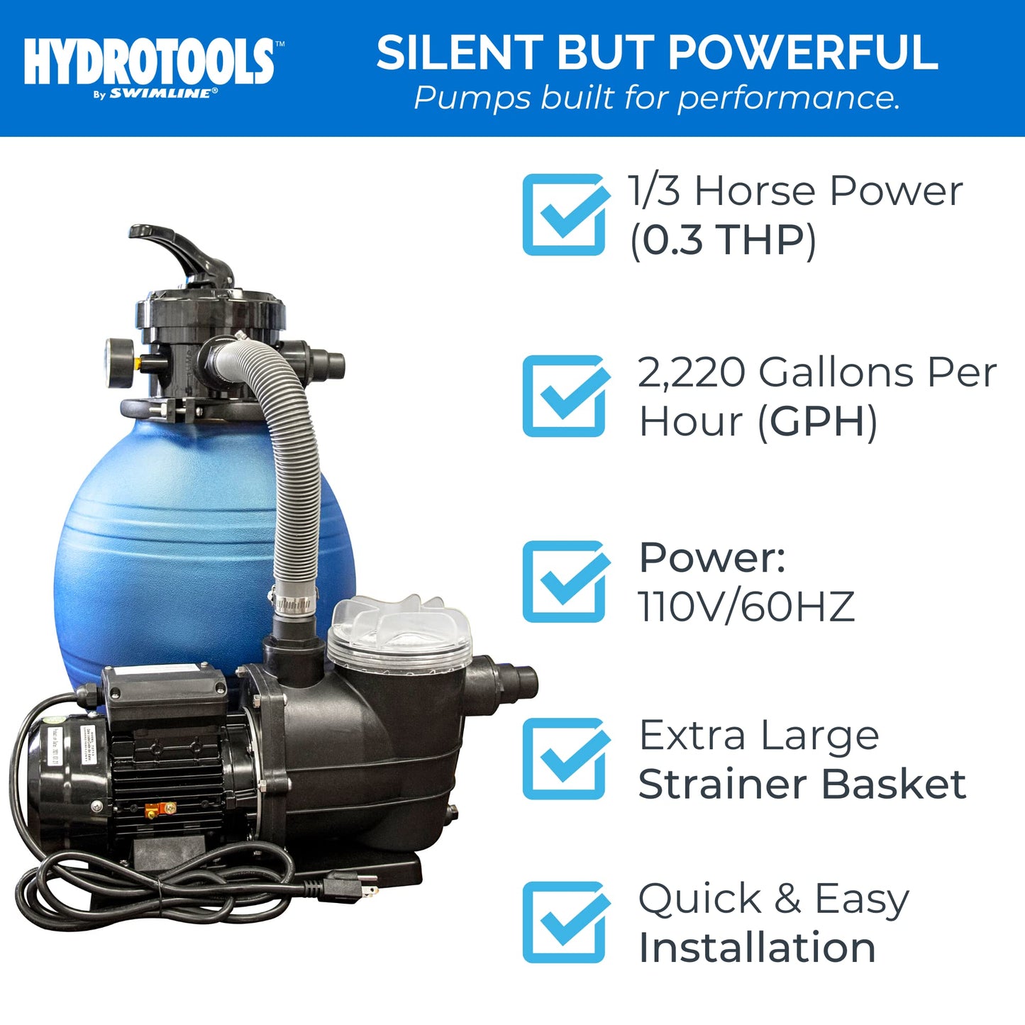 HYDROTOOLS By SWIMLINE Pool Sand Filter Pump For Above Ground & Inground Pool | 12 Inch Cleaner System 1/3 HP (0.3 THP) Horsepower 2220 GPH |For Pools Up To 9000 Gallons Intex Bestway Compatible 71233 12'' A/G Sand Filter Up To 9000 Gal