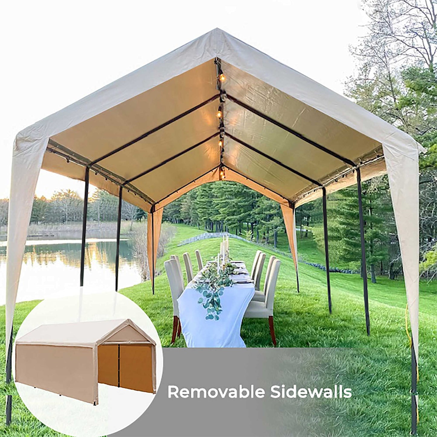 Abba Patio 10 x 20 ft Carport Heavy Duty Carport with Removable Sidewalls & Doors Portable Garage Extra Large Car Canopy for Auto, Boat, Party, Wedding, Market stall, with 8 Legs, Khaki 10x20 Feet