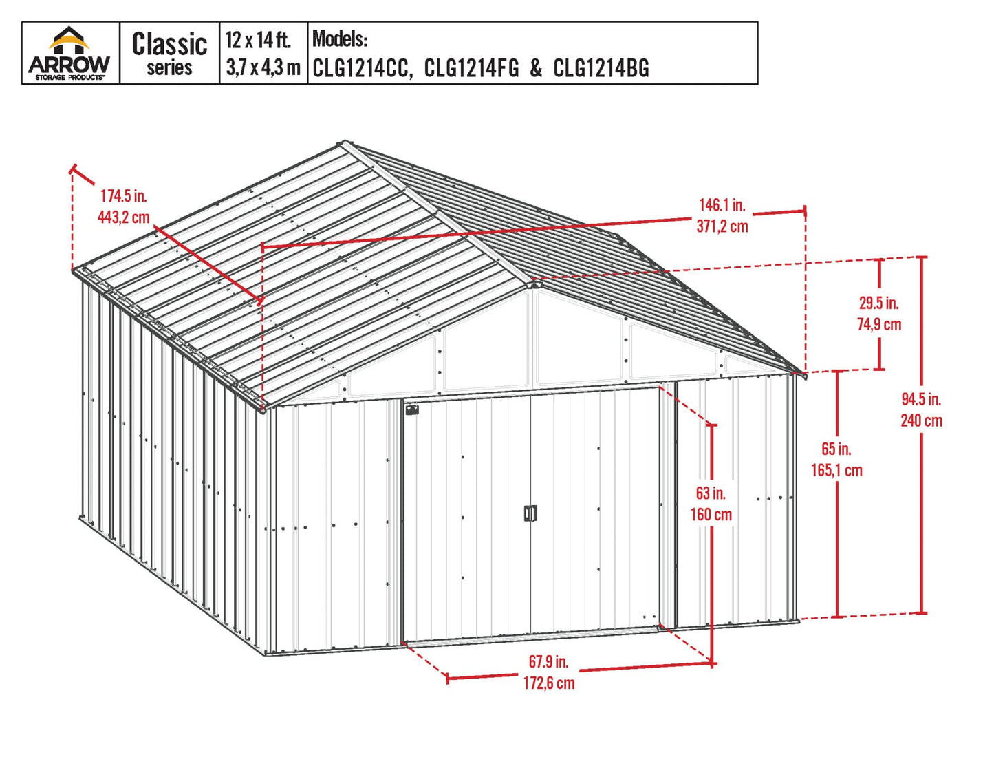 Arrow Sheds Classic 12' x 14' Outdoor Padlockable Steel Storage Shed Building, Flute Grey