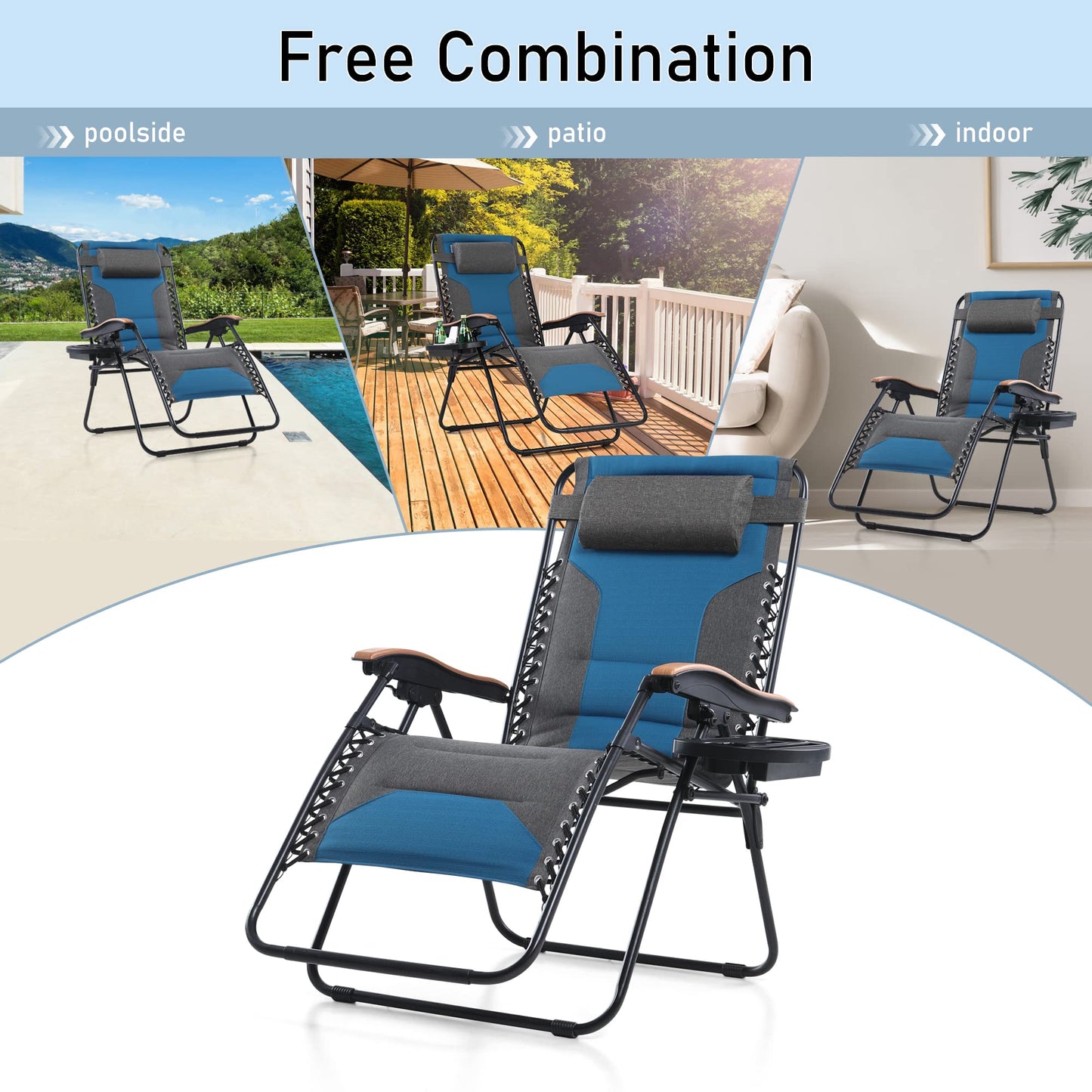 PHI VILLA Oversize XL Padded Zero Gravity Lounge Chair Family Lovers Pack with Wide Armrest Foldable Recliner, Set of 2, Support 400 LBS (Green Blue) Green Blue-oversized 2-Pack
