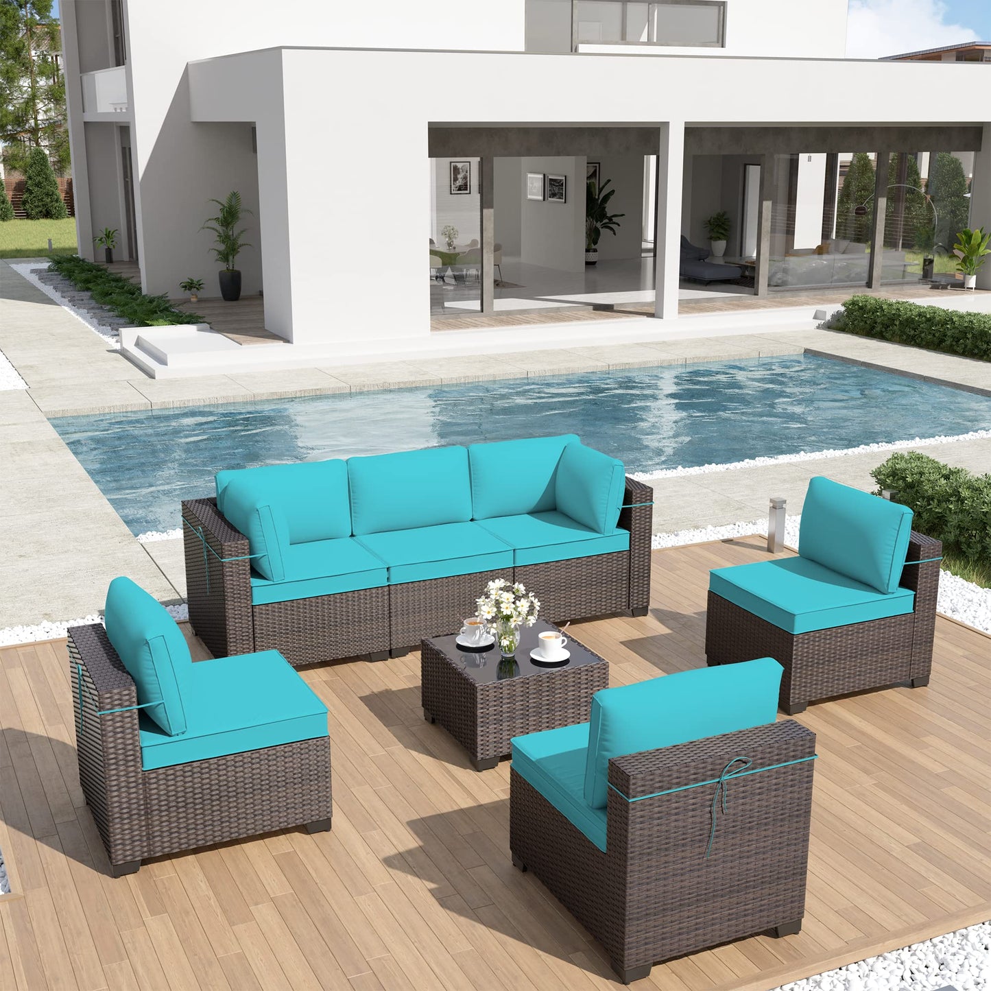ALAULM 7 Piece Outdoor Patio Furniture Sets, Patio Furniture Outdoor Sectional Sofa - Blue