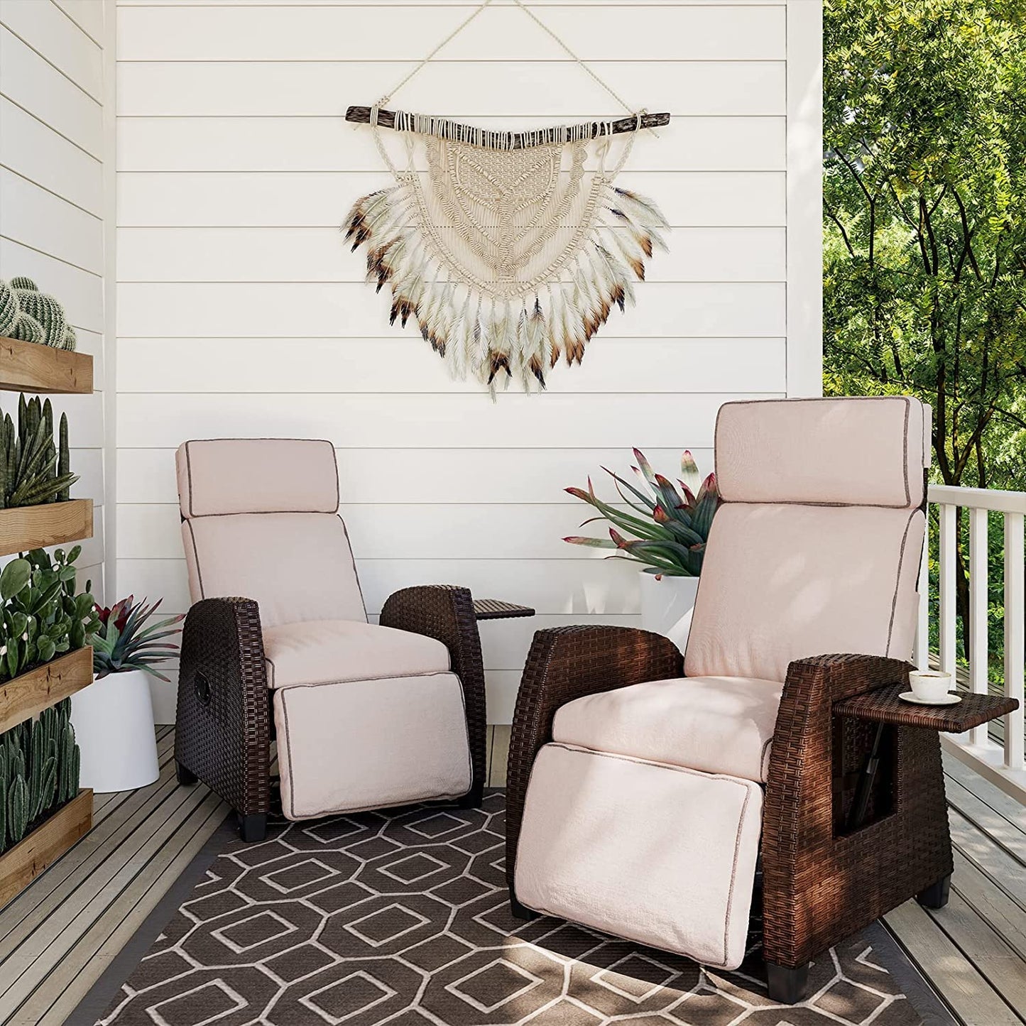 Grand patio Outdoor Recliners Set of 2 Patio Recliner Chair, All-Weather Wicker Reclining Patio Chairs, Flip-up Side Table, Recliner Chair, Flax Beige 2pcs 2 PCS