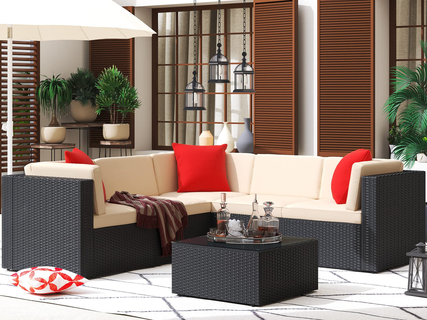 Greesum Patio Furniture Sets 6 Piece Outdoor Wicker Rattan Sectional Sofa with Cushions, Pillows & Glass Table, Beige 6 Pieces