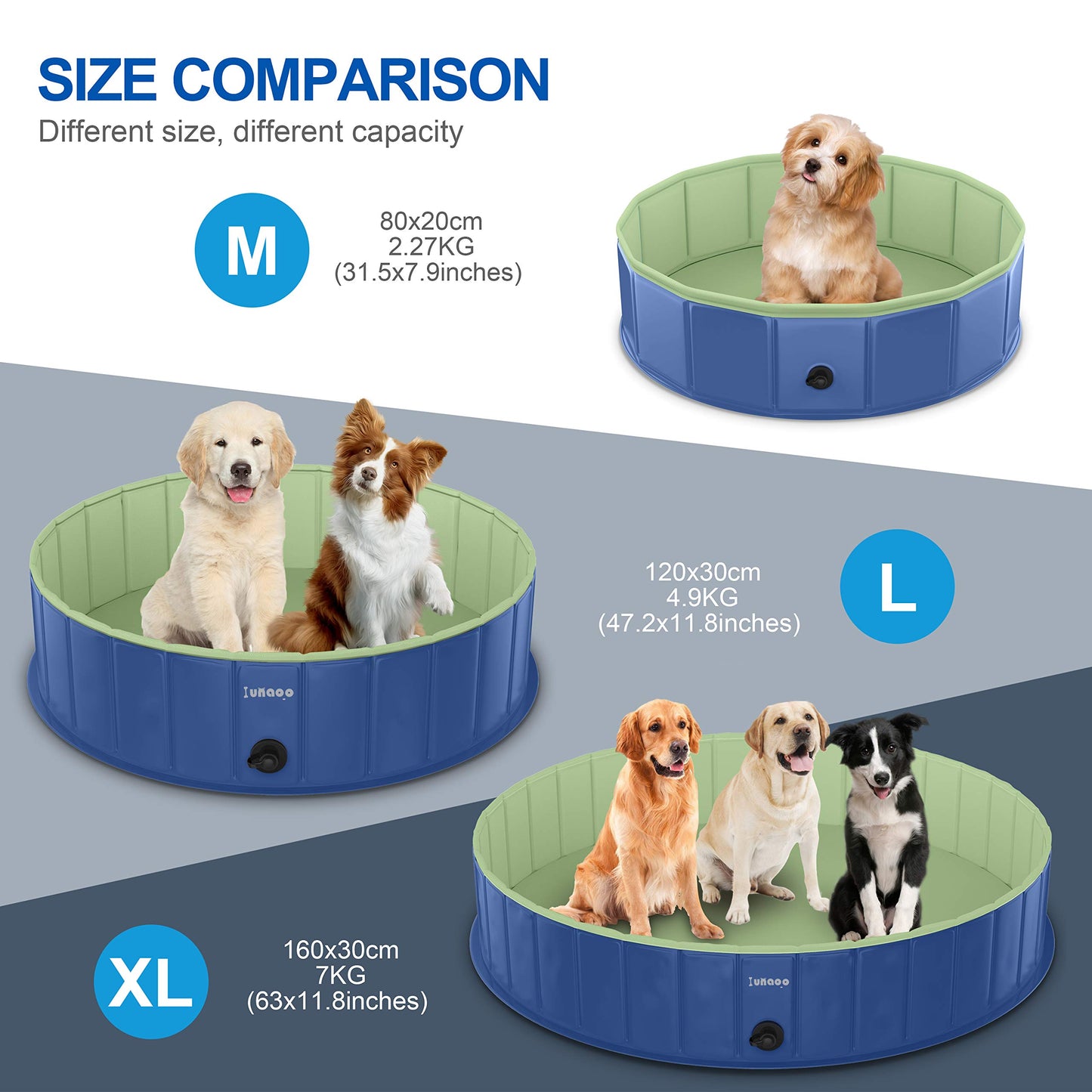 Piscine pliable pour chien par LUNAOO - Piscine portable pour enfants, piscine extérieure en PVC durable pour grands petits chiens (L - 47'' x 12'', bleu marine vert) L - 47'' x 12''