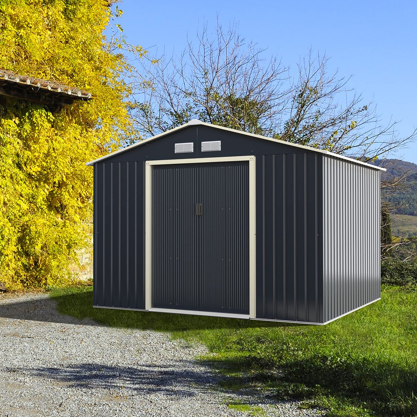 Goplus Abri de rangement en métal 9' X 8' Organisateur de bâtiment extérieur avec 4 aérations et double porte coulissante pour jardin, arrière-cour, ferme (9' X 8') 9' X 8'