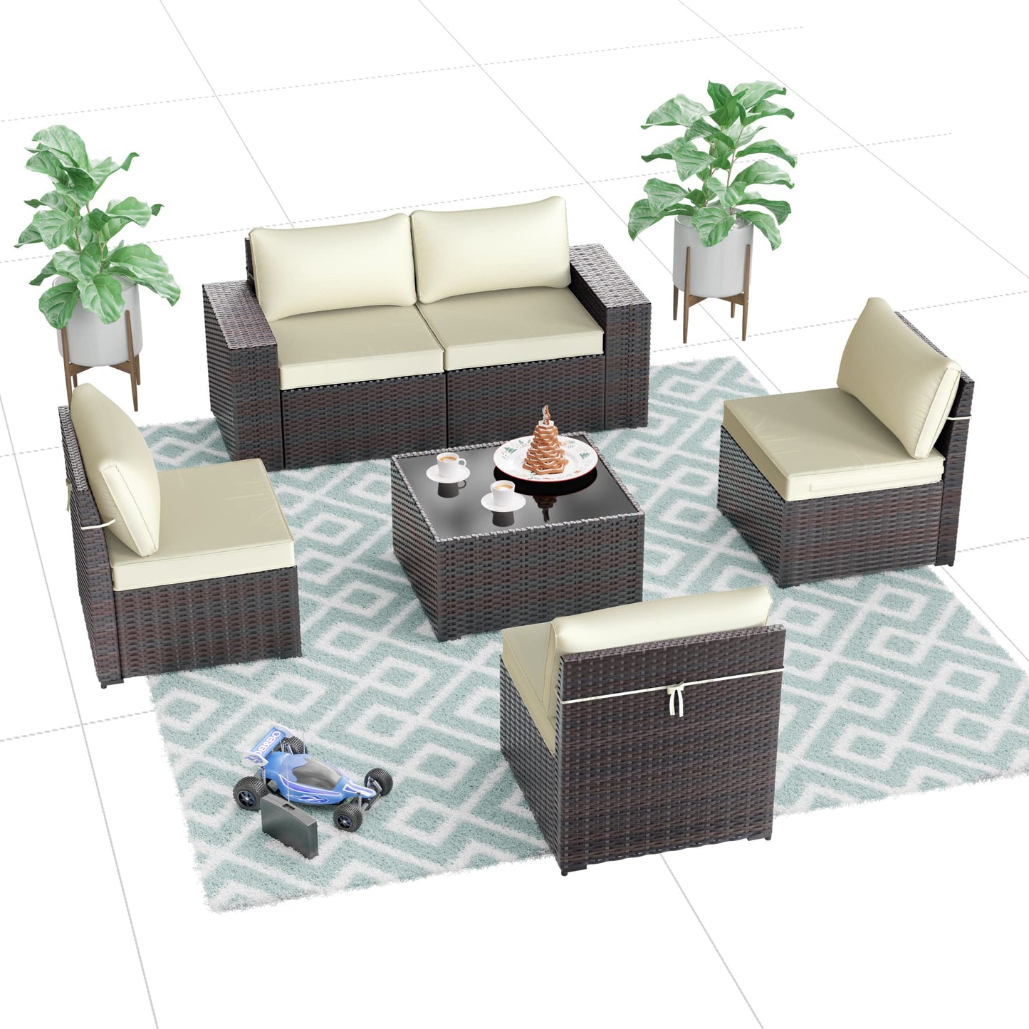 ALAULM Patio Furniture Sets 6 Pieces Patio Sectional Outdoor Furniture Patio Sofa Chairs Set - Cream
