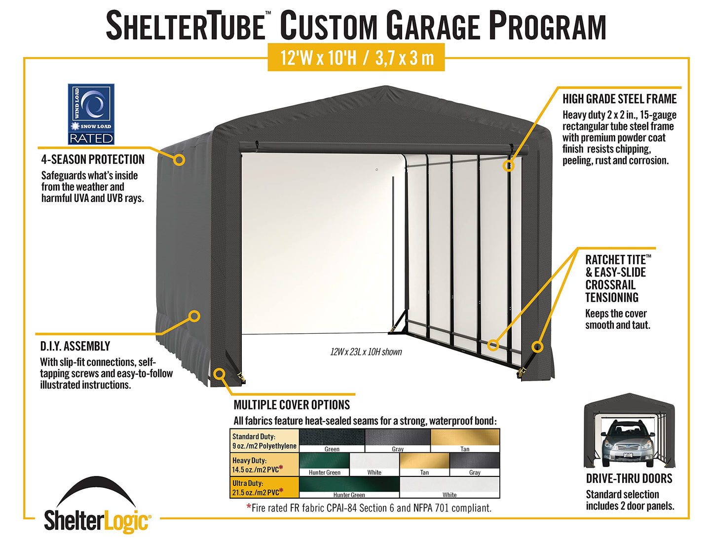 ShelterLogic ShelterTube Abri de garage et de stockage, 12' x 23' x 10', cadre en acier robuste, boîtier résistant au vent et à la neige, gris 12' x 23' x 10'