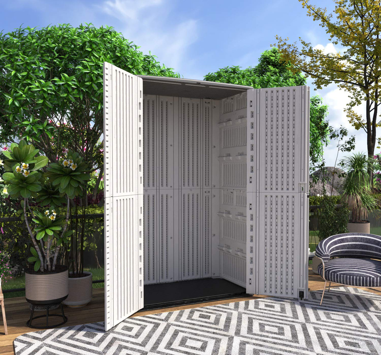 HOMSPARK Abri de rangement vertical résistant aux intempéries, armoire de rangement extérieure double couche pour accessoires de jardin et de terrasse, (50 po L x 29 po L x 82 po H, 52 pieds cubes) Toit gris, mur beige clair, sol noir
