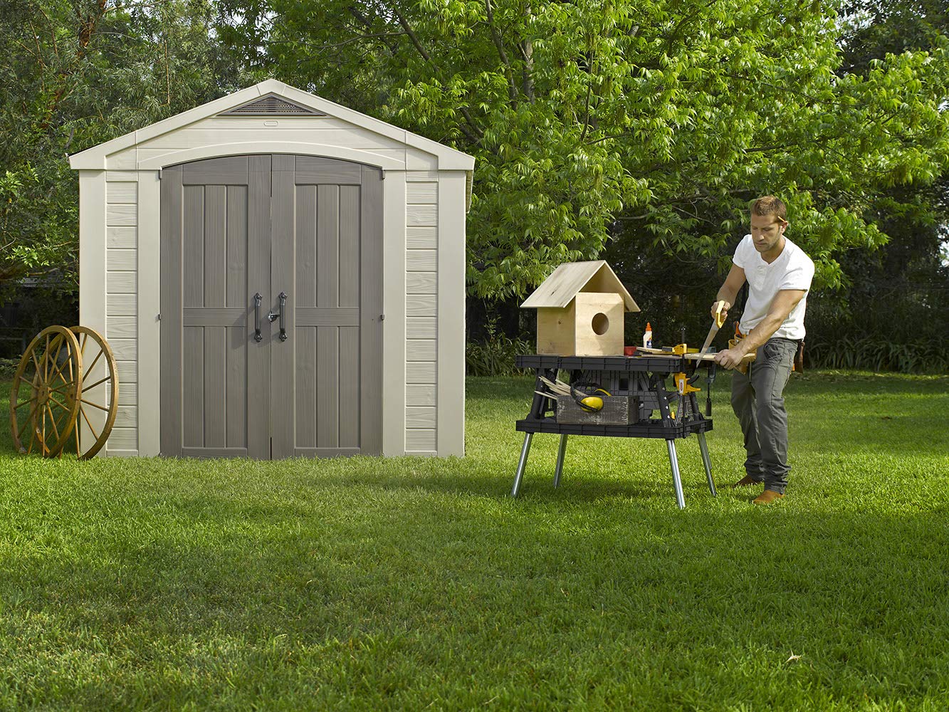 Keter Factor 8x8 Foot Large Resin Outdoor Storage Shed with Floor for Patio Furniture, Lawn Mower, and Bike Storage